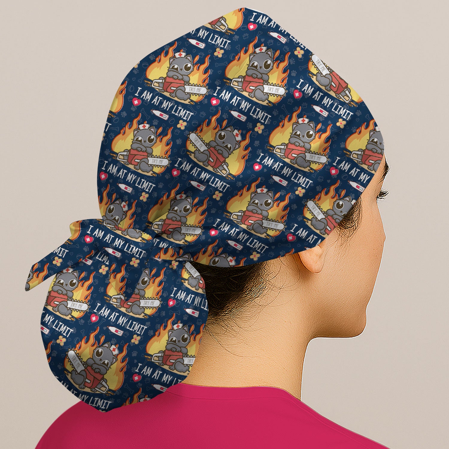 Funny Nurse Cat I Am At My Limit Cap, Bouffant Scrub Caps for Women