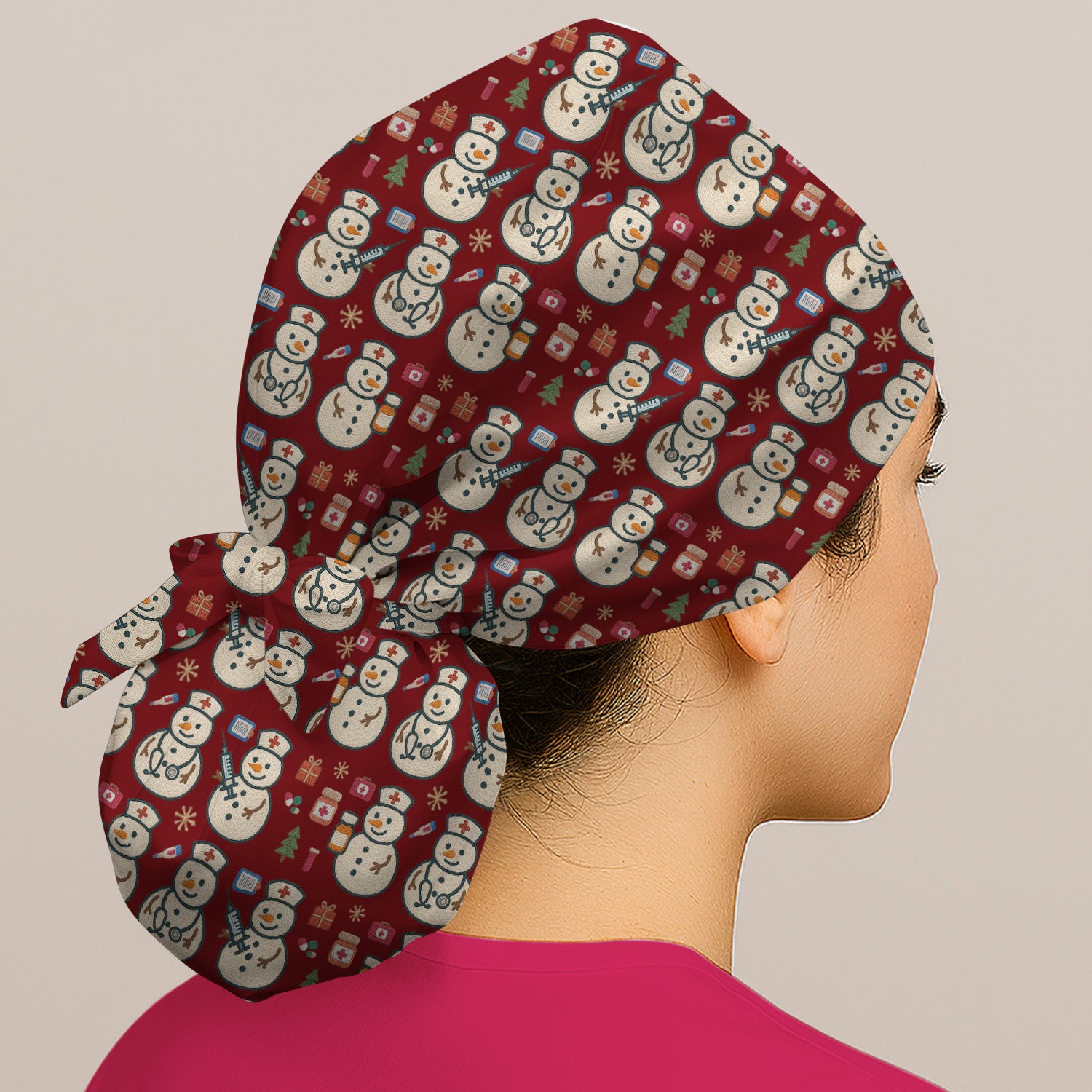 Snowman Nurse Christmas Scrub Cap – Festive Medical Pattern Cap – Cute Holiday Uniform For Nursing