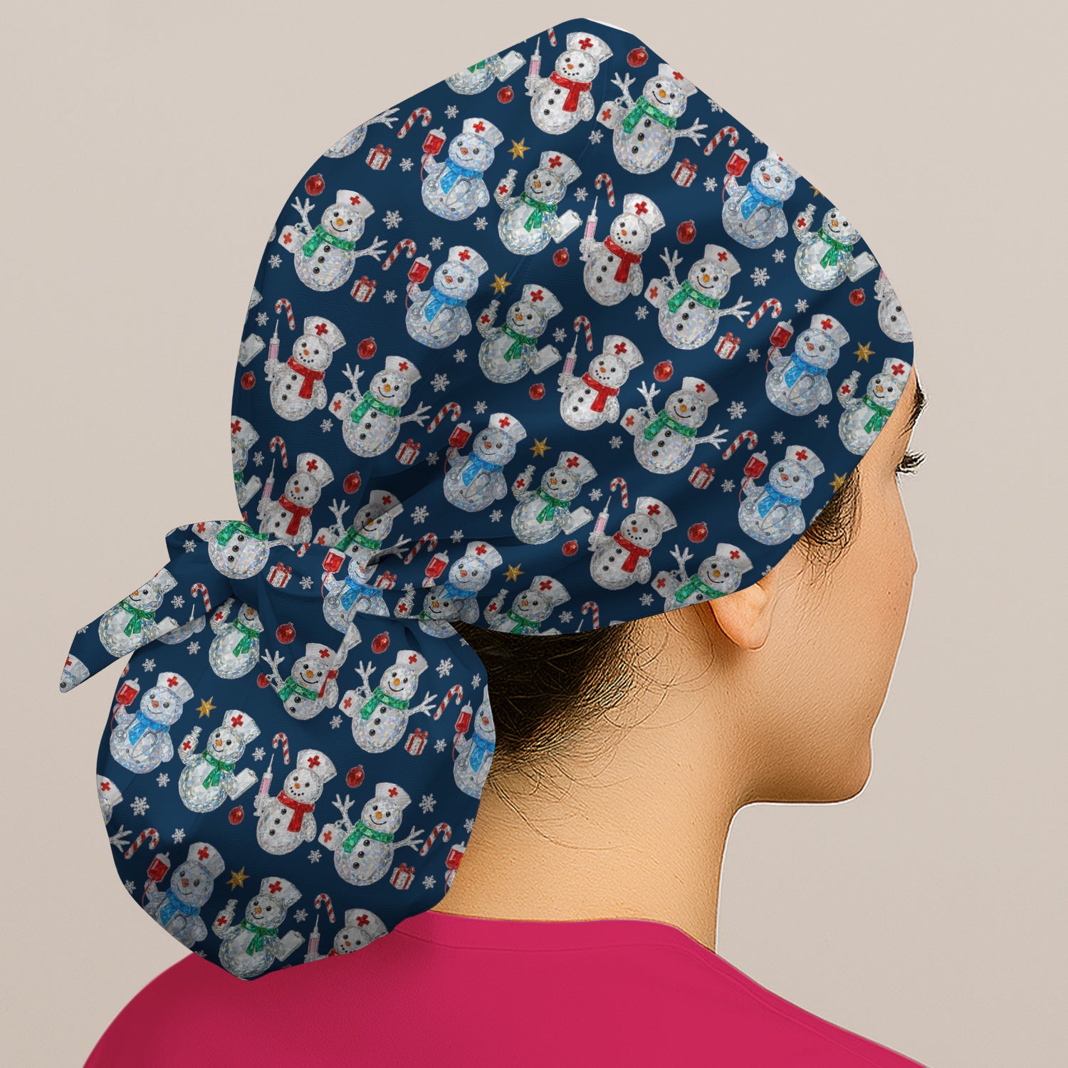 Nurse Snowman Christmas Scrub Cap, Cute Holiday Medical Pattern Hat For Women, Winter Snowflake Nursing Uniform