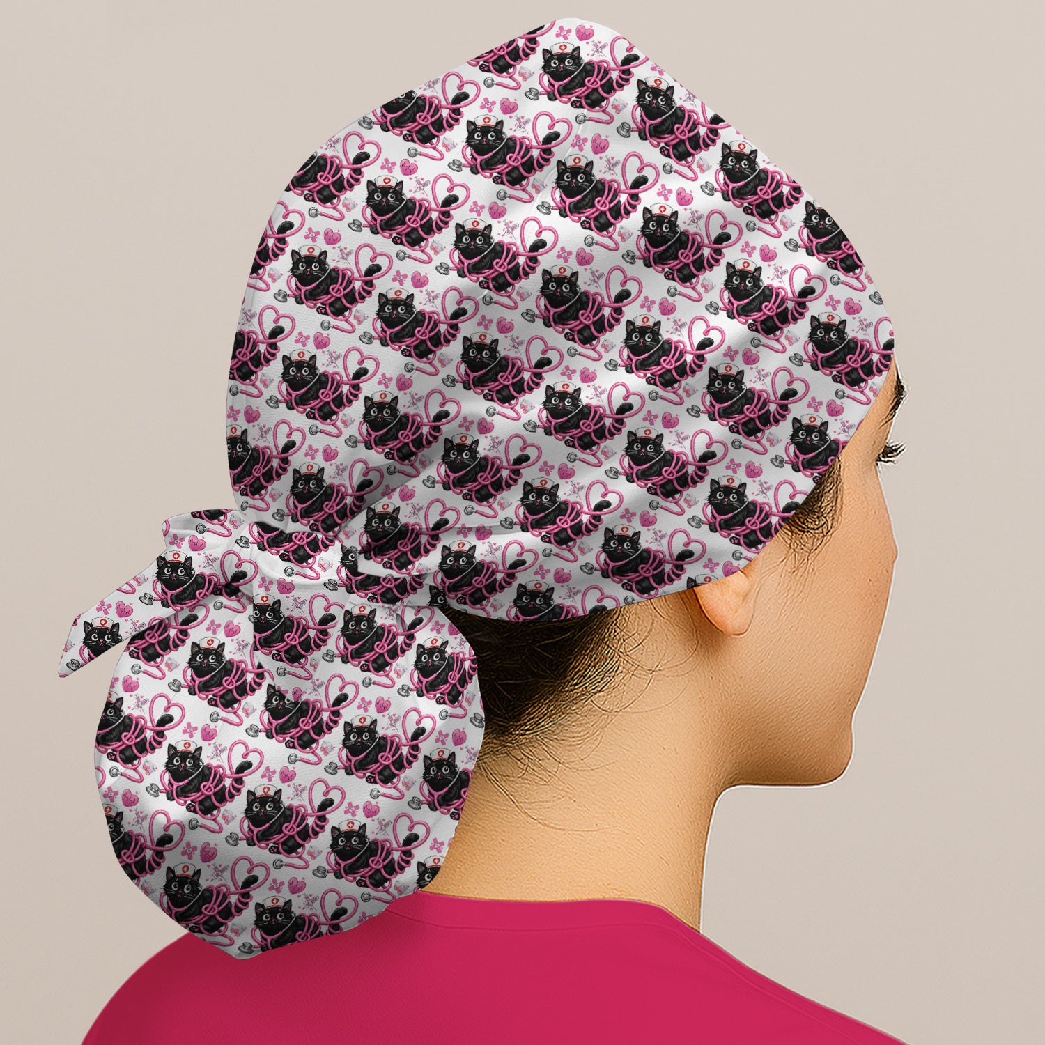 Valentine Cute Cat Nurse Heart Print Scrub Cap, Surgical Caps for Doctors