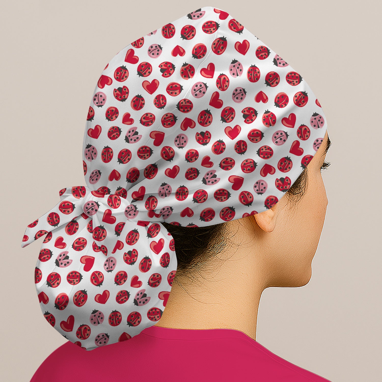 Cute Ladybug and Red Heart All Over Print Cap, Bouffant Scrub Caps for Women