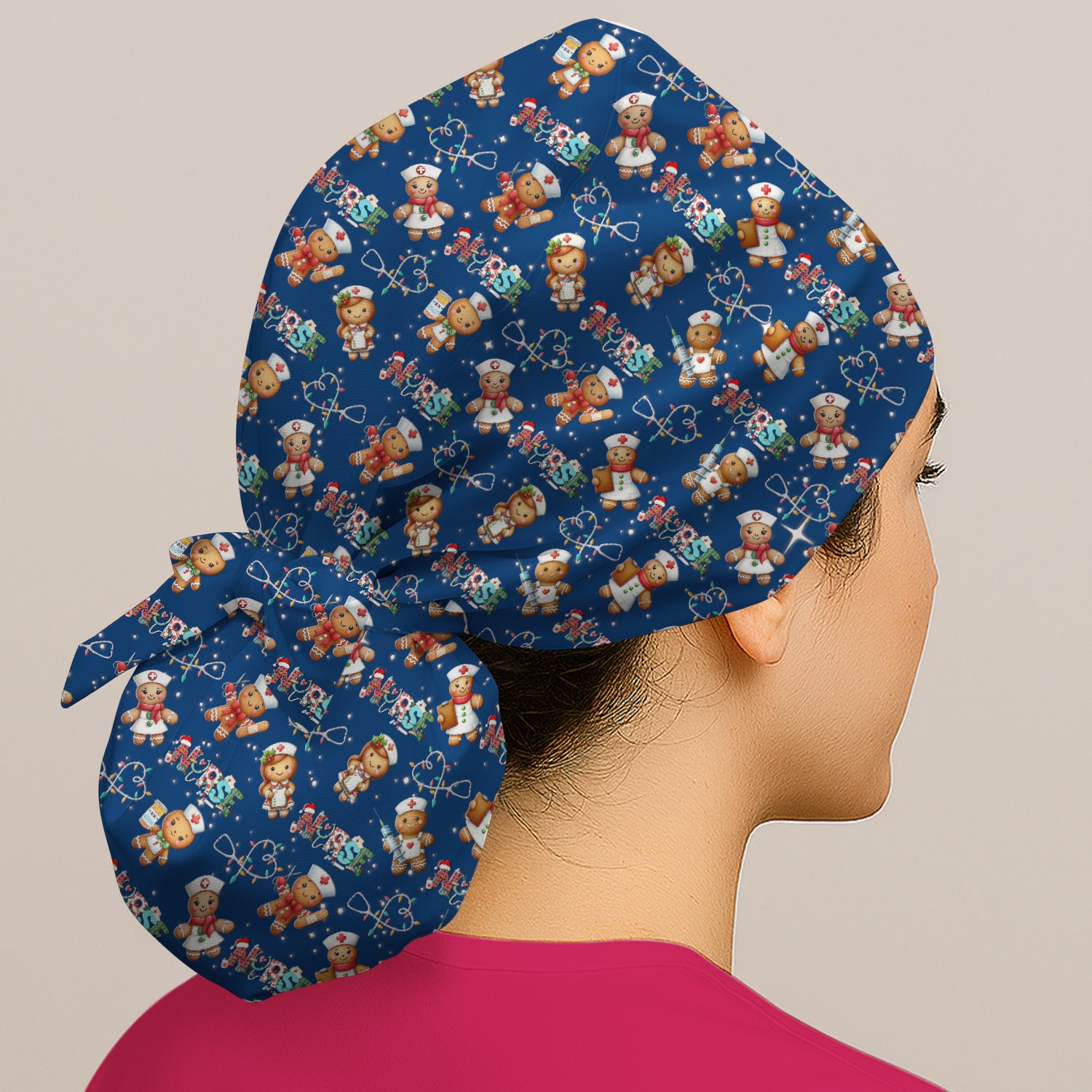 Nurse Scrub Cap with Buttons for Women - Christmas Surgical Hats Cute Gingerbread Design - Medical Bouffant Cap Long Hair