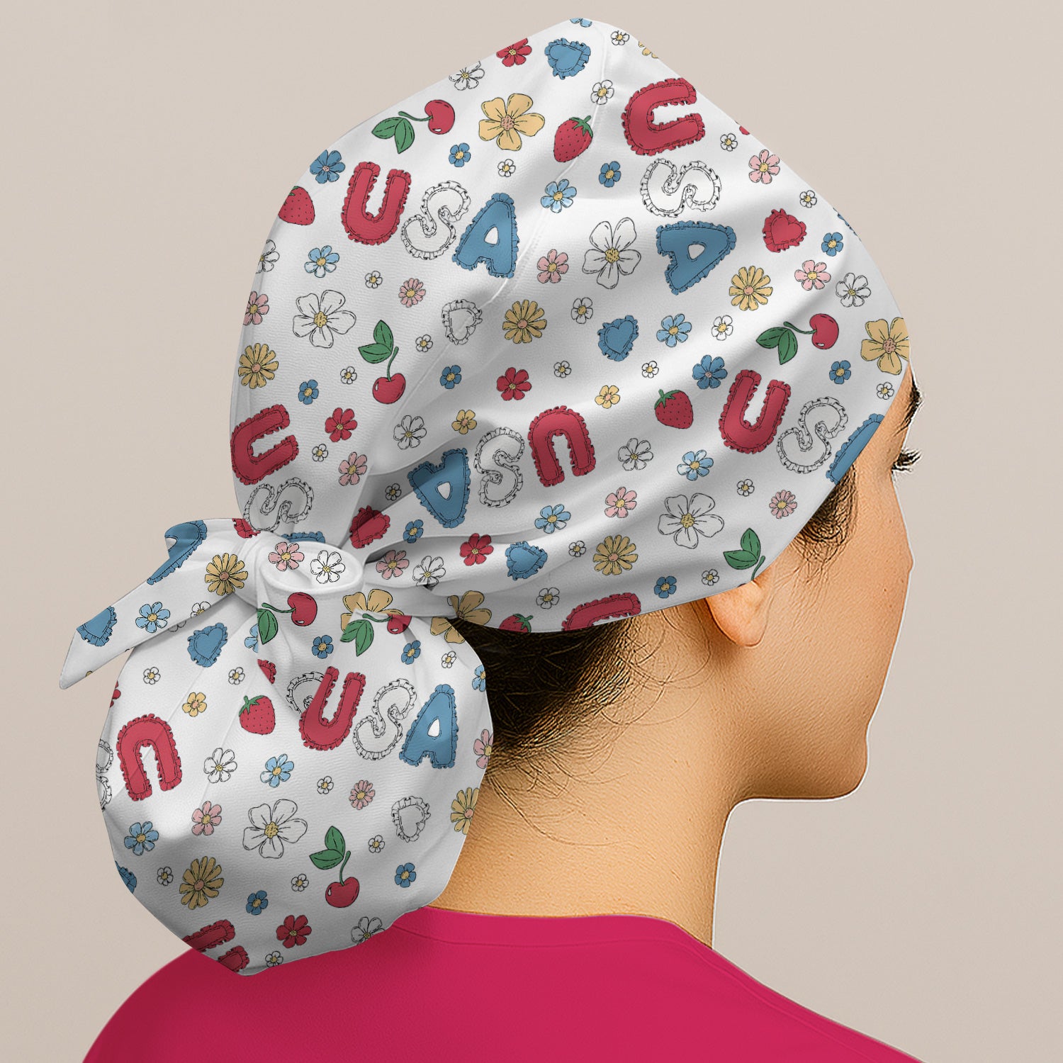 USA Cherry Strawberry Floral Patch Pattern Cap, Bouffant Scrub Caps for Women