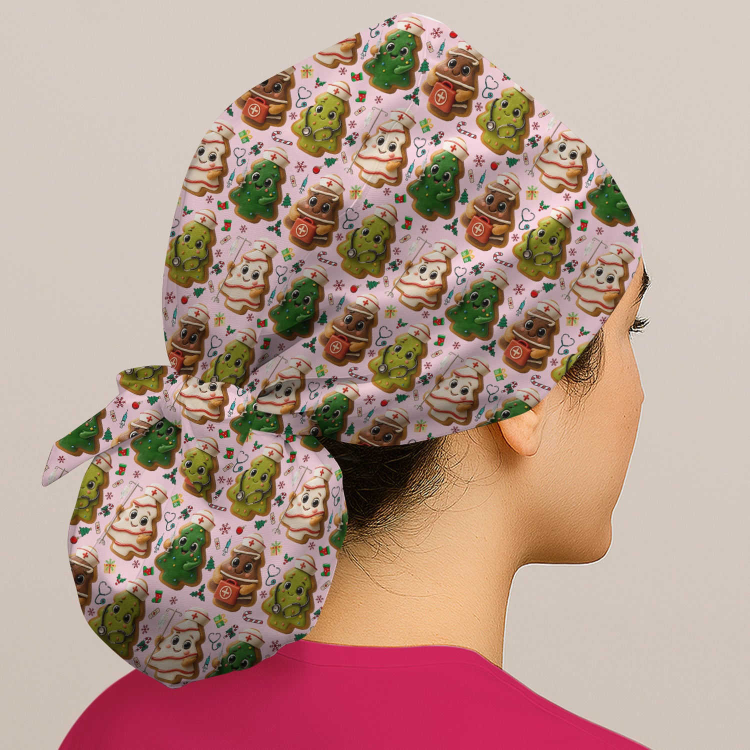 Christmas Cookie Scrub Cap – Festive Nurse & Holiday Tree Pattern – Cute Medical Uniform for Nurses, Vets and Healthcare Workers