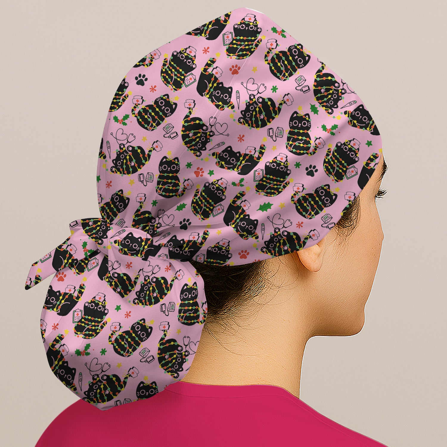 Black Cat Christmas Scrub Cap – Nurse & Holiday Lights Pattern Cap – Cute Medical Uniform For Nursing
