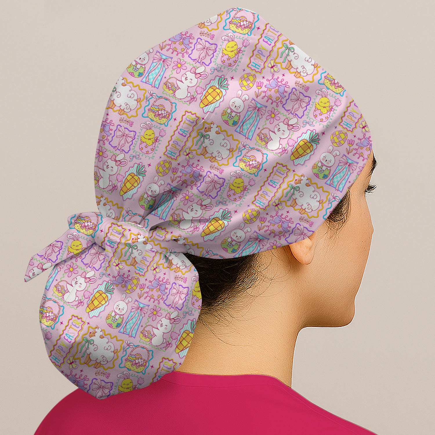 Cute Easter Bunny Egg and Bow Print Scrub Cap, Breathable Fabrics Caps Uniform