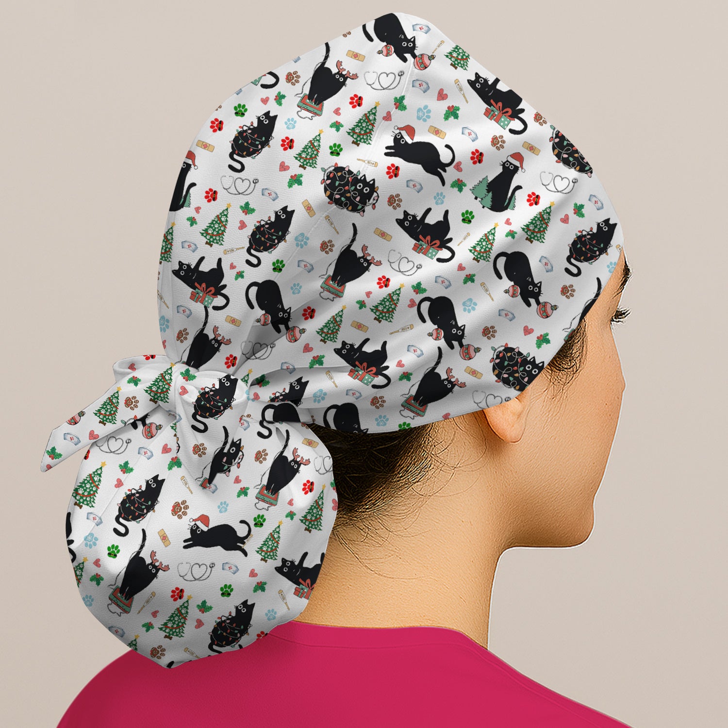Black Cat Christmas Nurse Scrub Cap, Festive Kitty Medical Uniform for Women