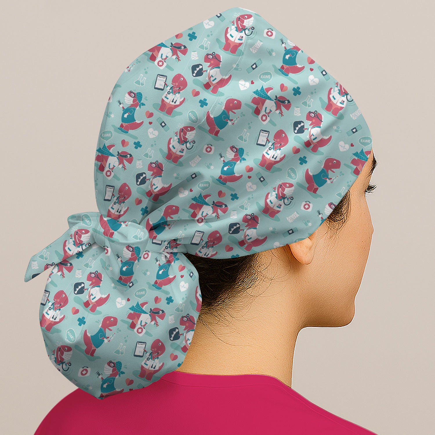 Cute Dinosaur Doctor Medical Pattern Cap, Bouffant Scrub Caps for Women