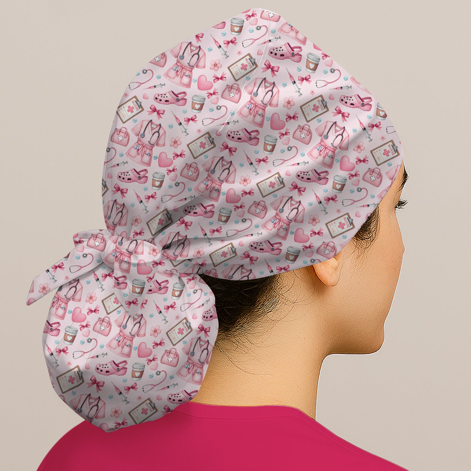 Valentine Pink Nurse Icons Print Scrub Cap, Bouffant Scrub Caps for Women