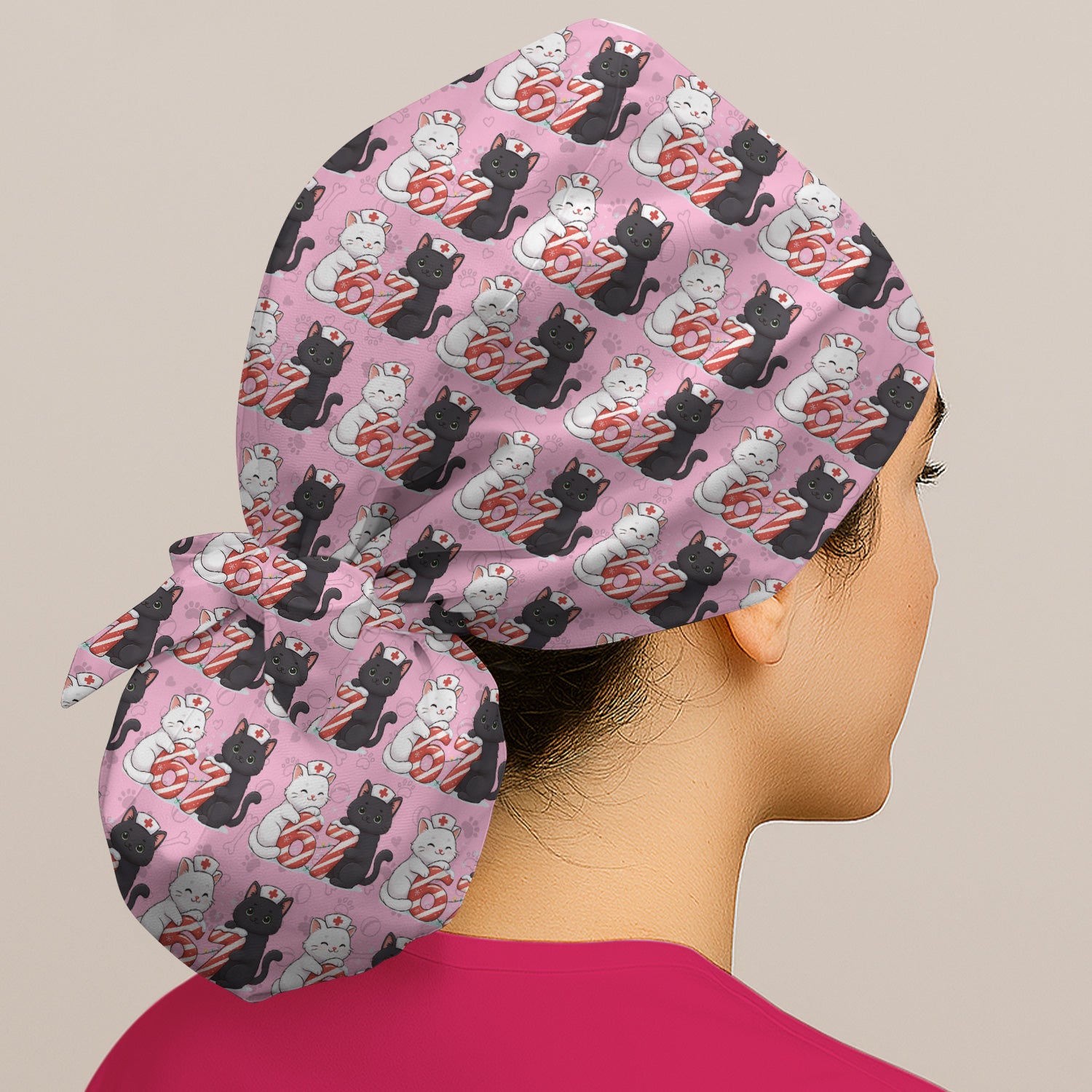 Xmas Cat Pattern Scrub Cap, Christmas Nurse Six Seven With Cat Scrub Hat, Breathable Fabrics Nursing Uniform