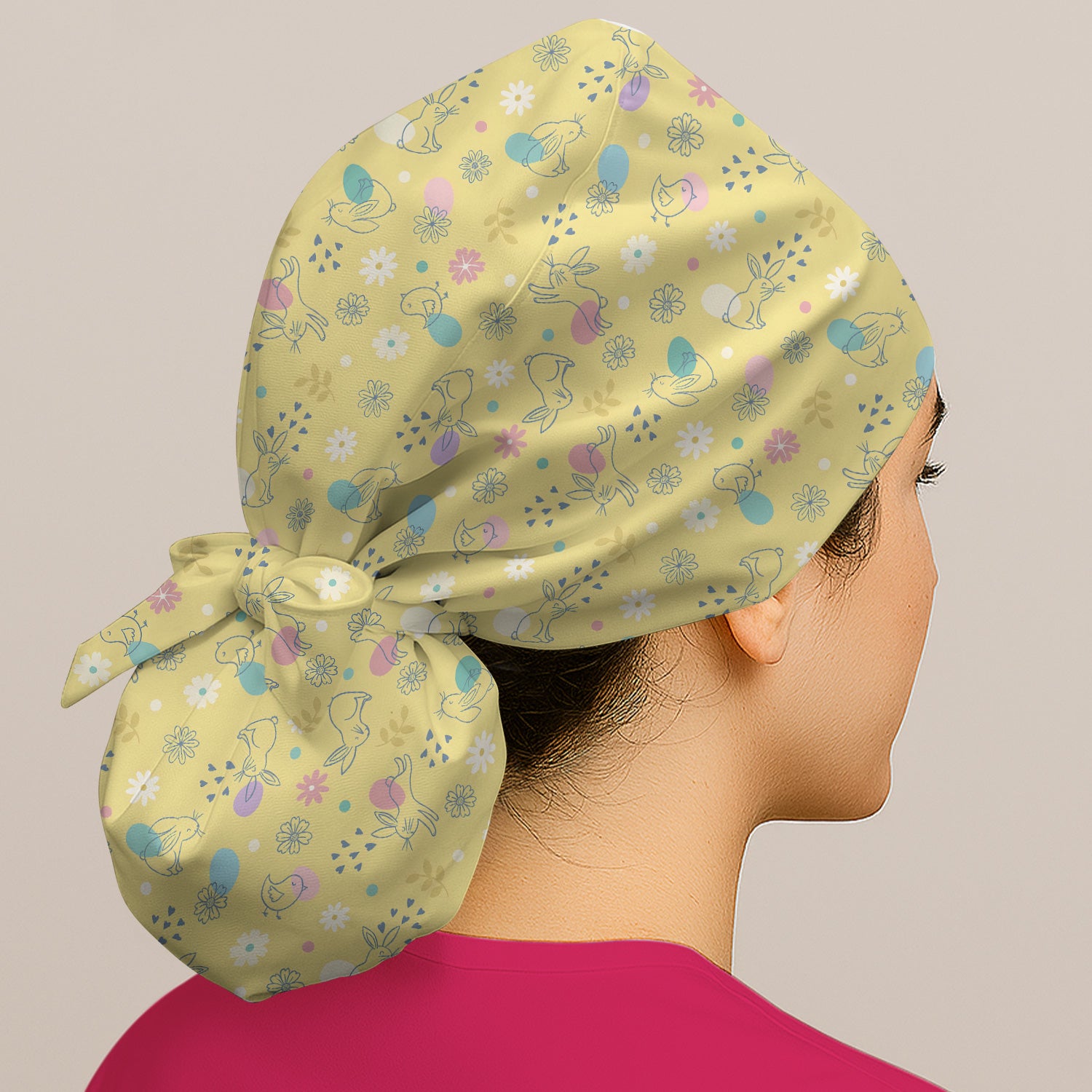 Whimsical Easter Bunny Eggs Pattern Cap, Bouffant Scrub Caps for Women