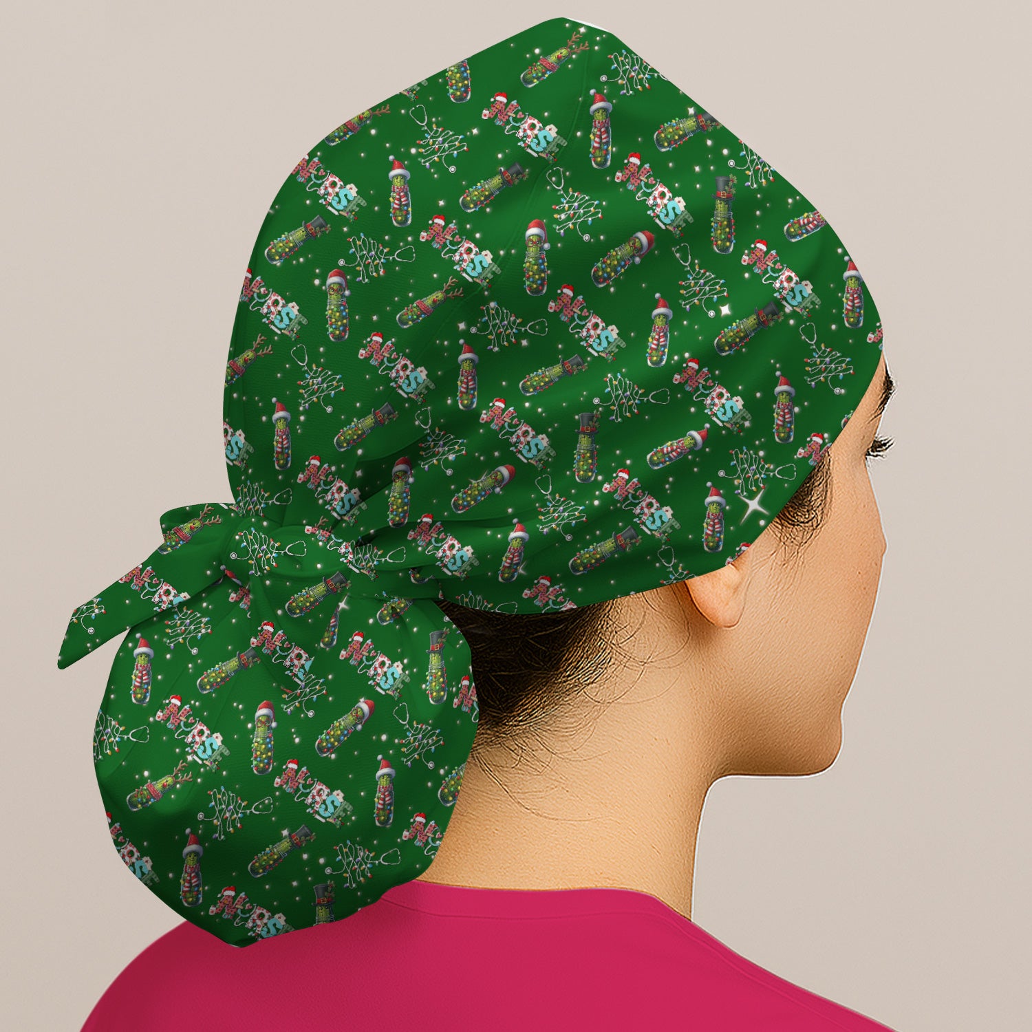 Christmas Nurse Scrub Cap with Buttons - Funny Pickle Holiday Surgical Hat for Women - Medical Bouffant Cap Long Hair
