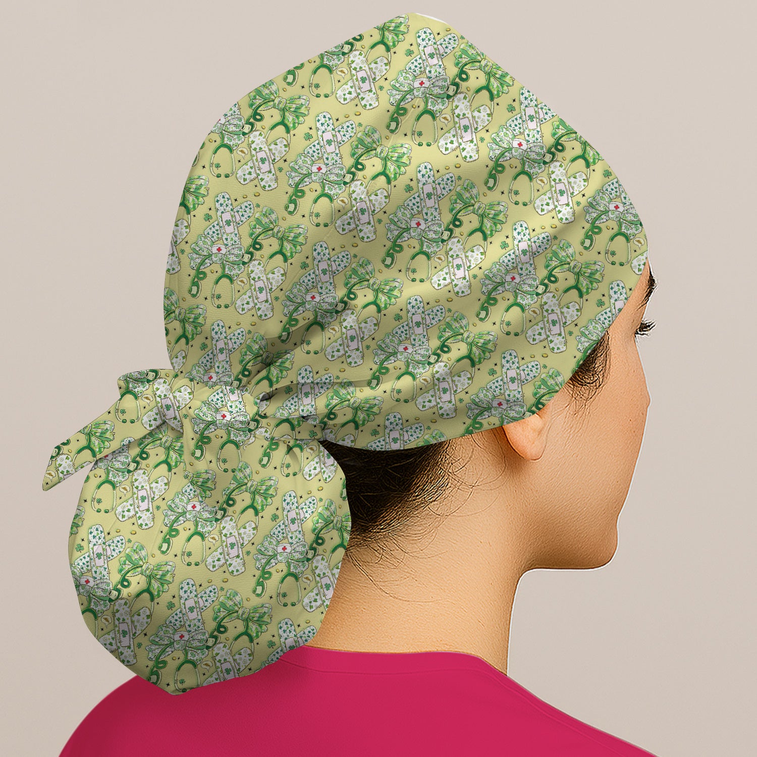 St Patrick Shamrock Stethoscope Bow Print Cap, Bouffant Scrub Caps for Women