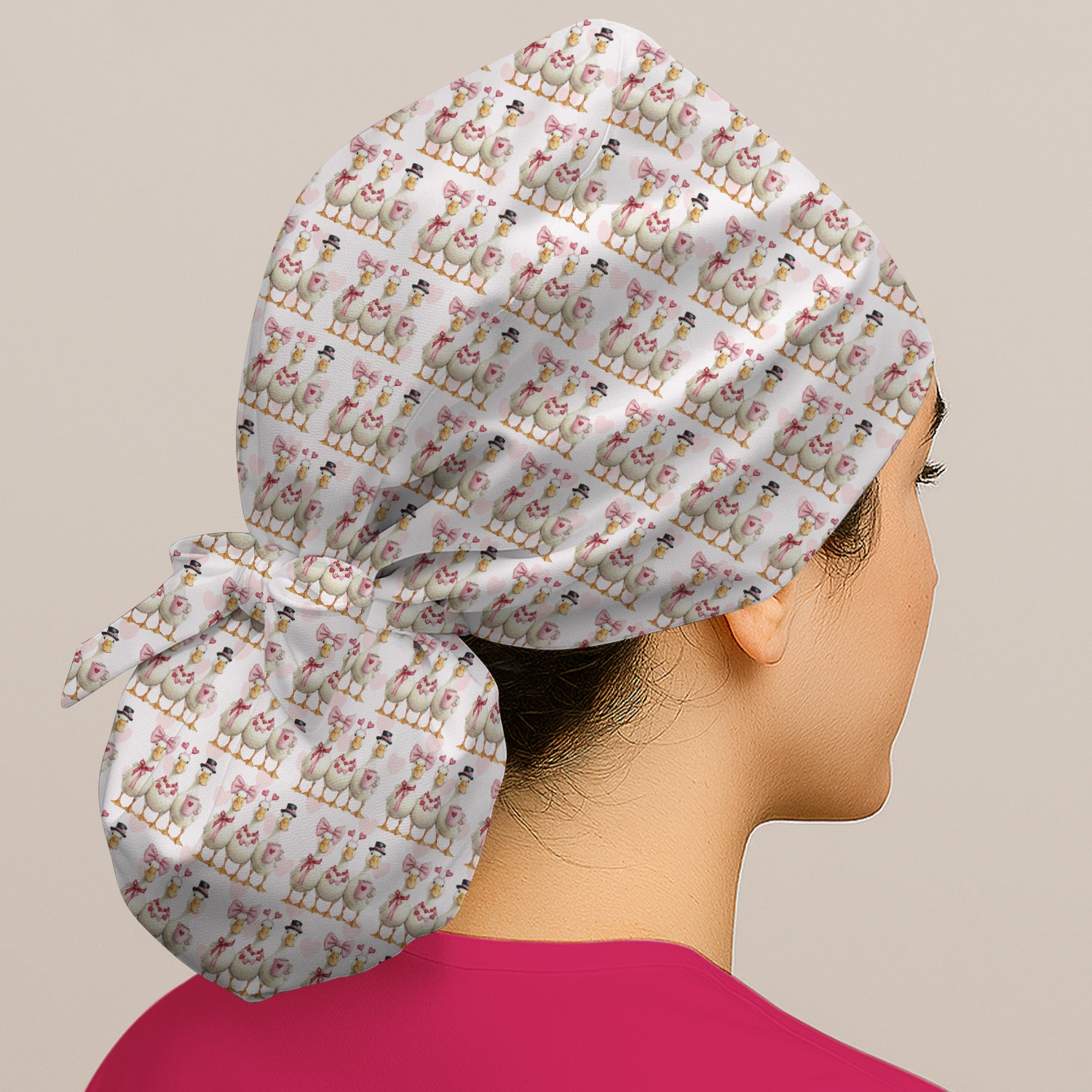 Charming Valentine Goose Heart Pink Design Cap, Bouffant Scrub Caps for Women