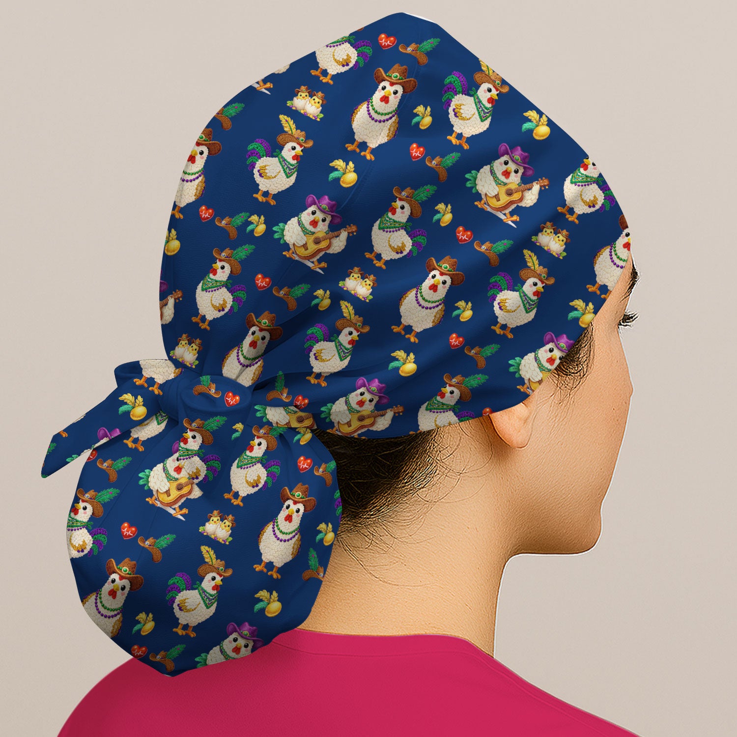 Funny Mardi Gras Rooster Cowboy Print Cap, Bouffant Scrub Caps for Women