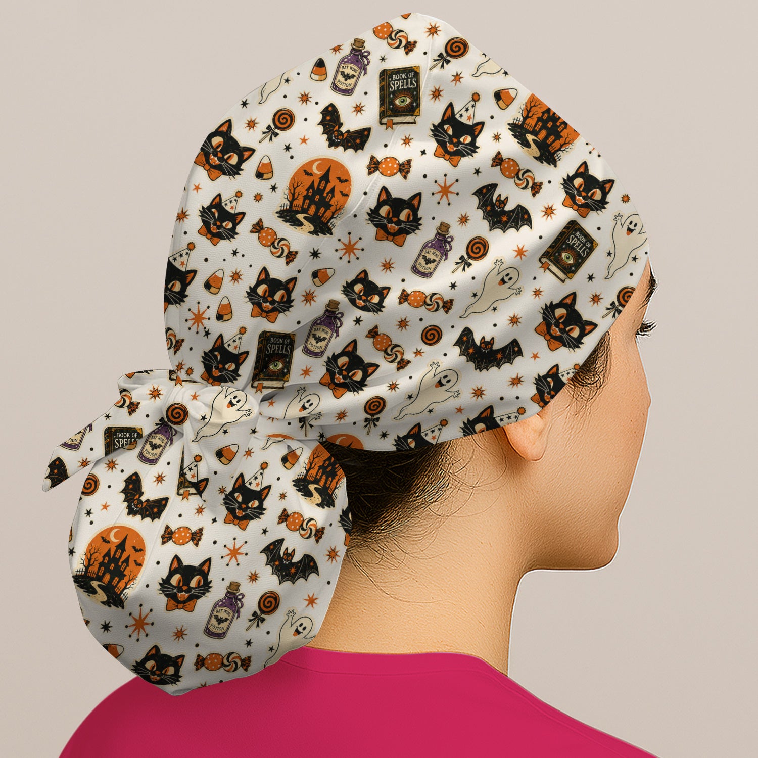 Halloween Black Cat with Ghost Candy Print Scrub Cap, Surgical Caps for Doctors