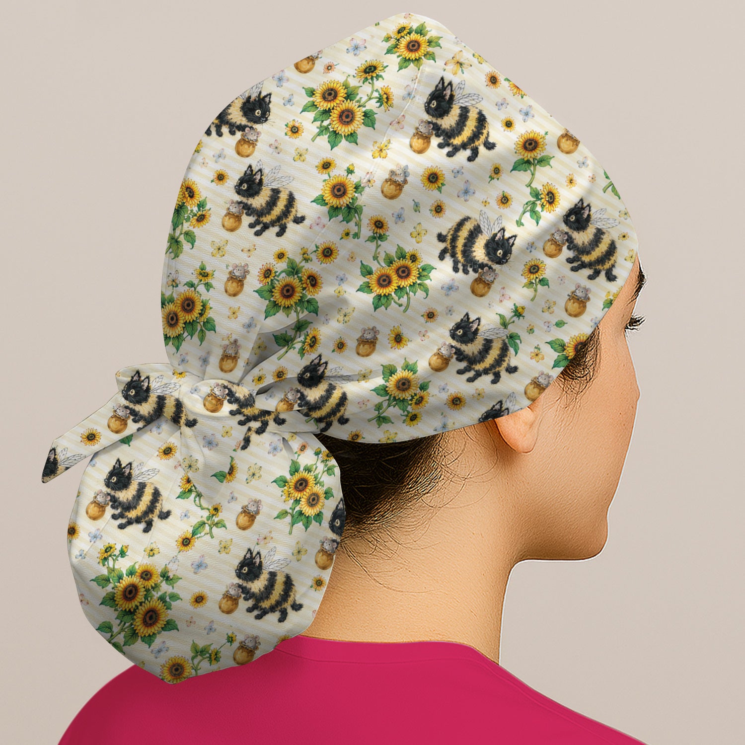 Cute Bumblebee Cat Sunflower Pattern Scrub Cap, Surgical Caps for Doctors
