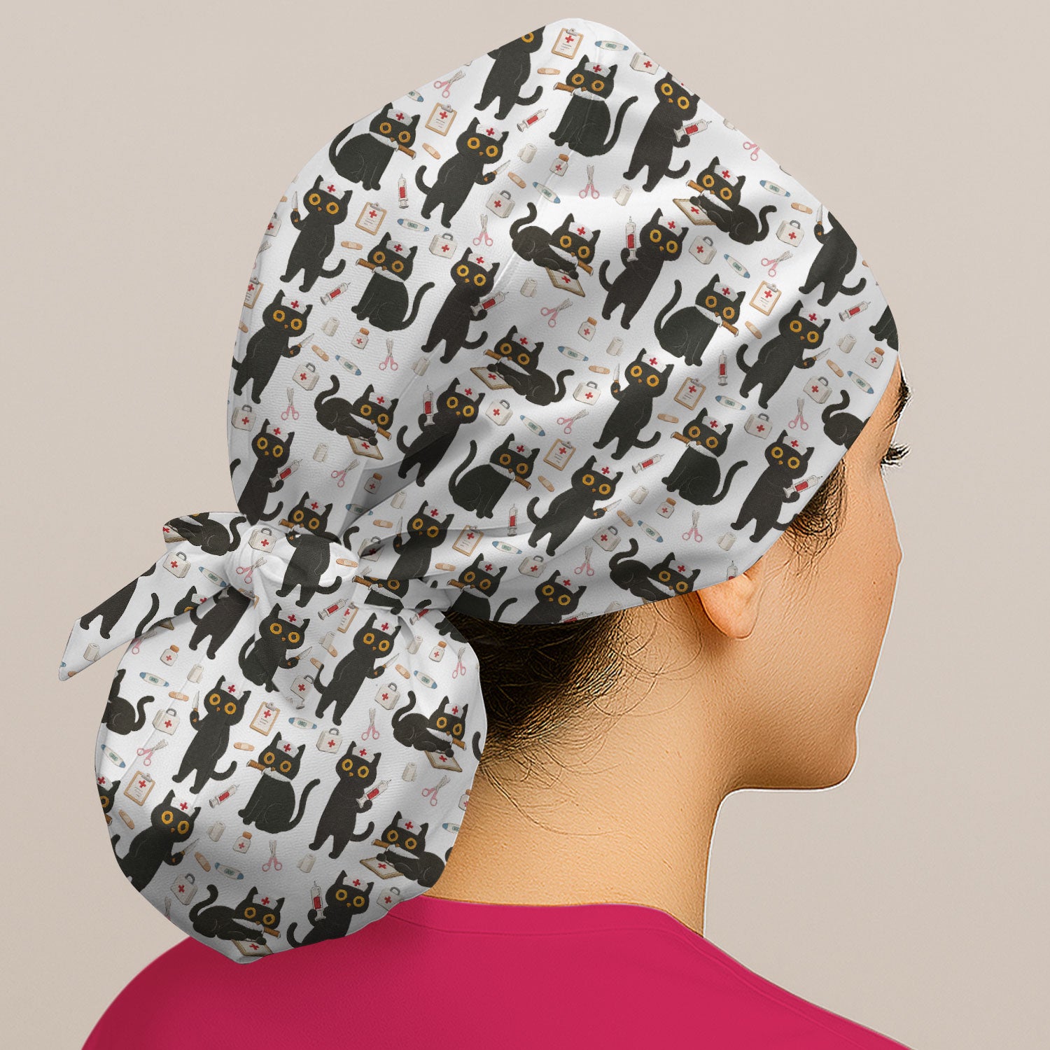 Cute Black Cat Nurse Pattern Cap, Bouffant Scrub Caps for Women
