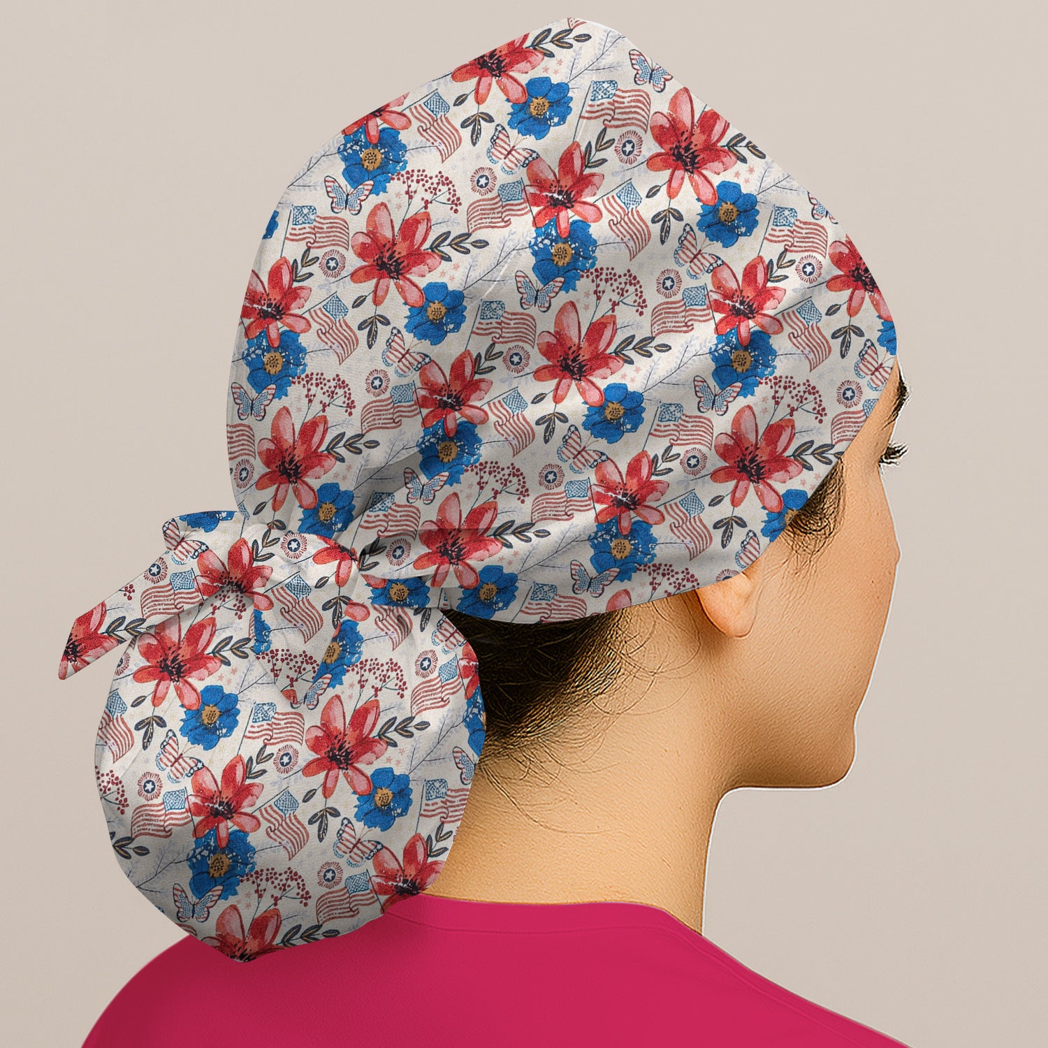 Patriotic Floral Flag Butterfly Pattern Scrub Cap, Surgical Caps for Doctors