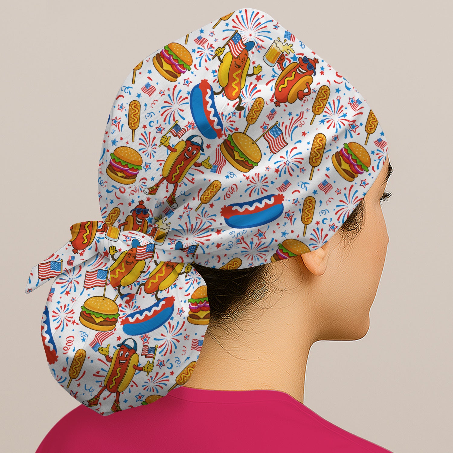 Patriotic Hot Dog Burger Fireworks Scrub Cap, Surgical Caps for Doctors