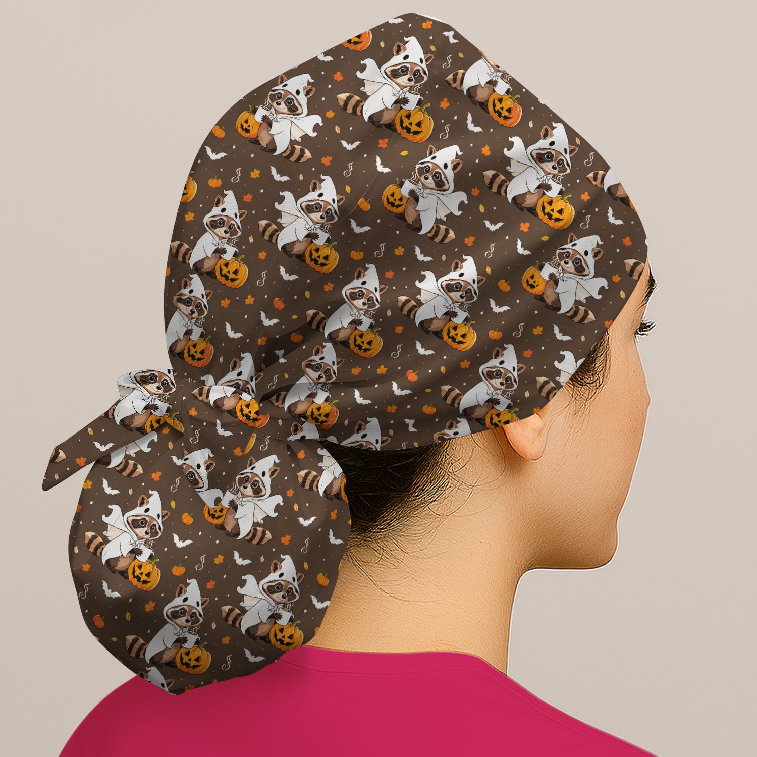 Halloween Ghost Raccoon Pumpkin Scrub Cap, Surgical Caps for Doctors