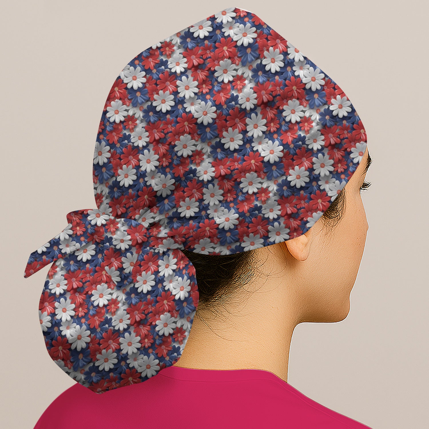 Festive Patriotic Daisy Bloom Pattern Scrub Cap, Surgical Caps for Doctors