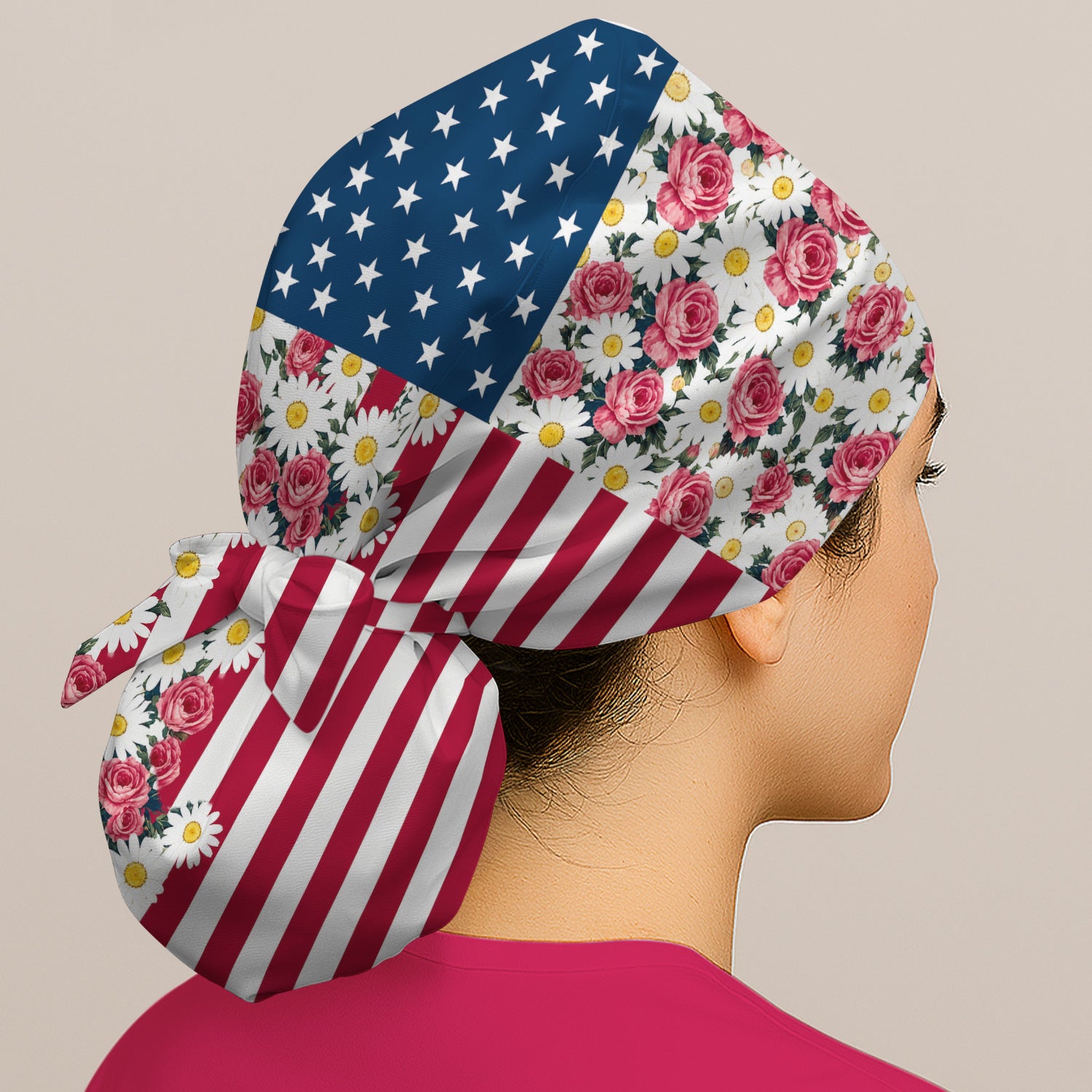 Floral American Flag Nurse Scrub Top for RN, CNA, Healthcare Workers, Patriotic Uniform Scrub Cap, Surgical Caps for Doctors
