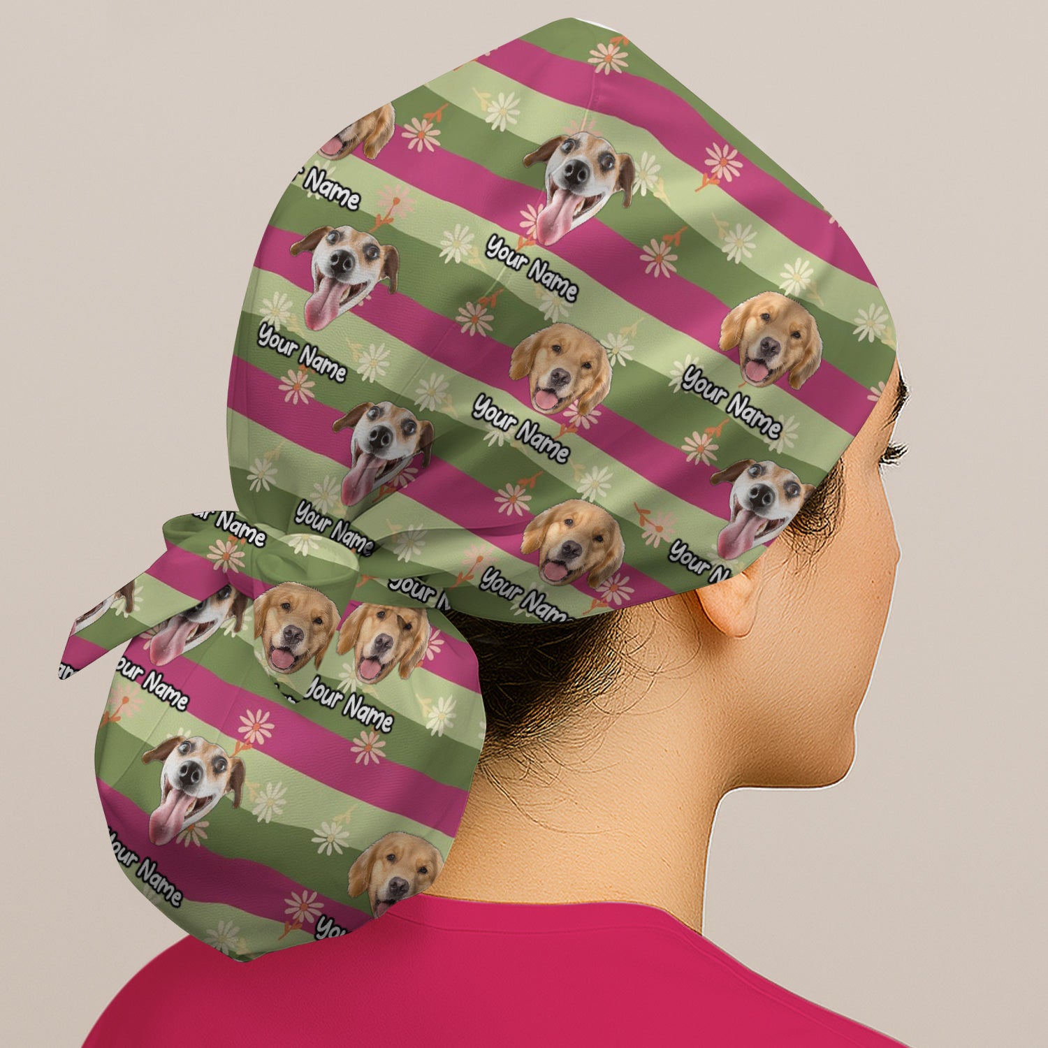Personalized Floral Dog Portrait With Spring Stripes Pattern Scrub Cap, Surgical Caps for Doctors