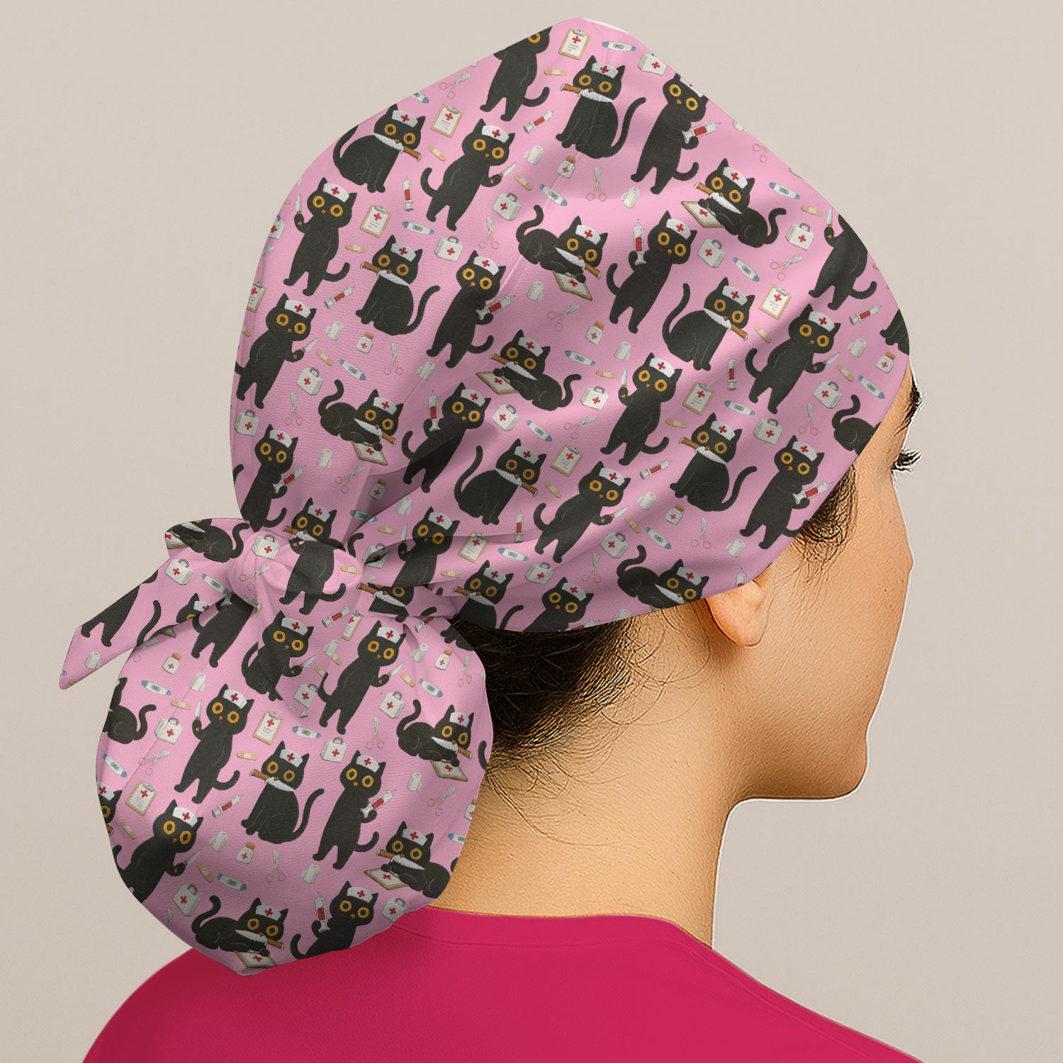 Cute Black Cat Nurse Pattern Cap, Bouffant Scrub Caps for Women