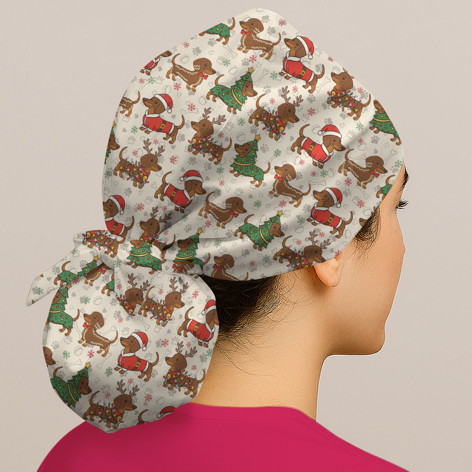 Christmas Dachshund Scrub Cap - Sausage Dog Wiener Holiday Surgical Hat Multi Color - Xmas Gift for RN CNA LPN