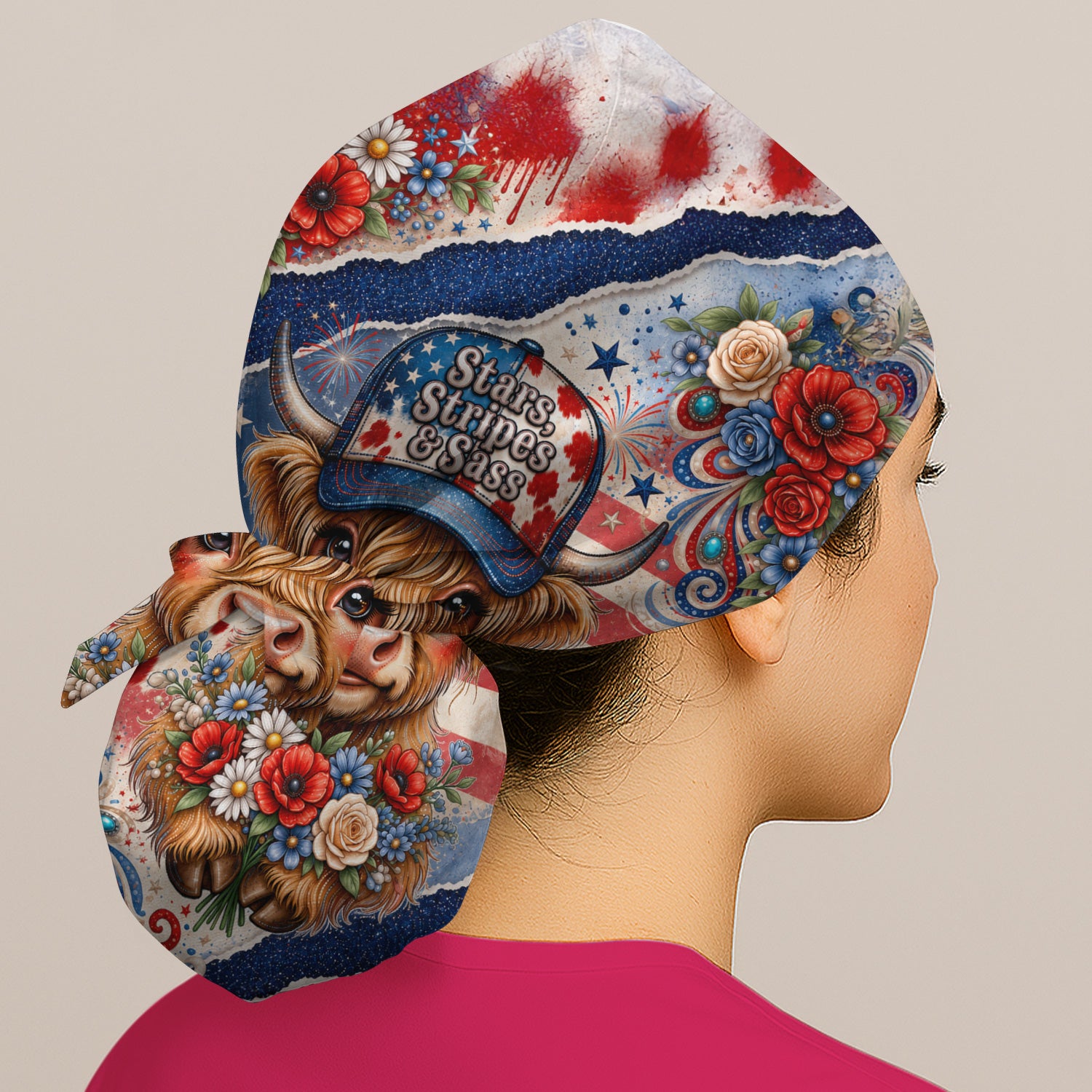 Patriotic Highland Cow Nurse Pattern, Healthcare Workers Scrub Cap, Surgical Caps for Doctors