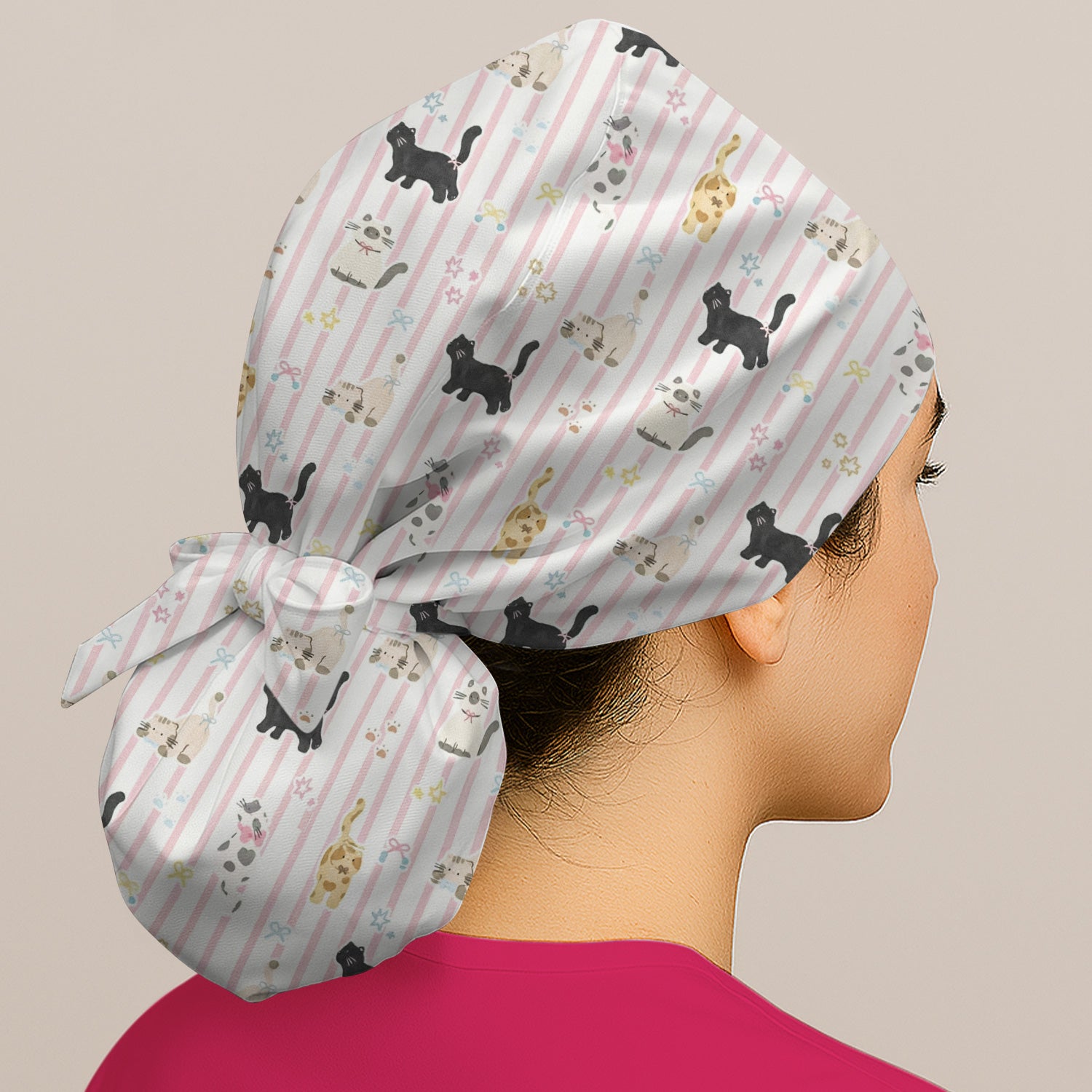 Cute Playful Cat Stripe Ribbon Pattern Scrub Cap, Surgical Caps for Doctors