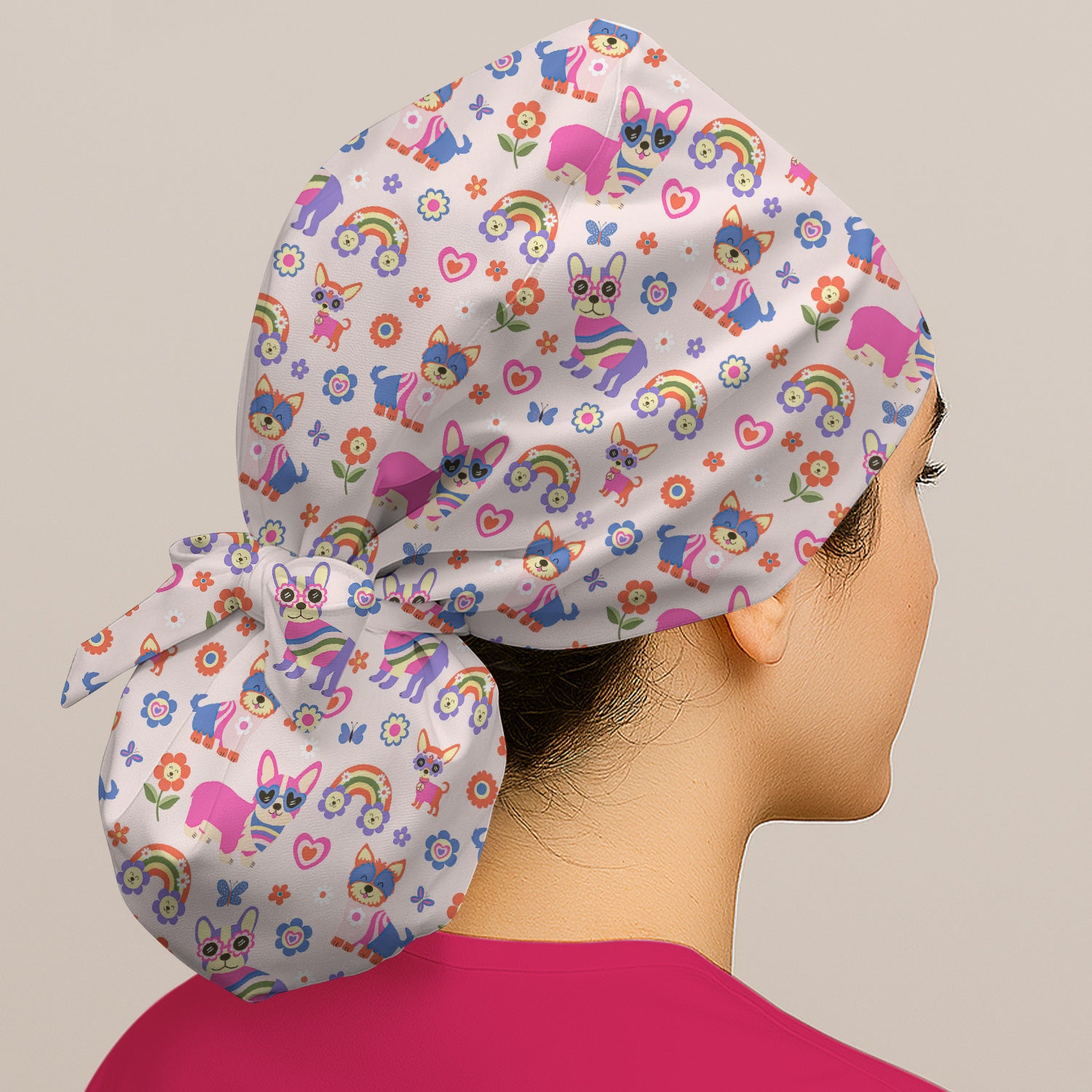 Colorful Cartoon Dogs With Rainbow Flowers Pattern Scrub Cap, Surgical Caps for Doctors