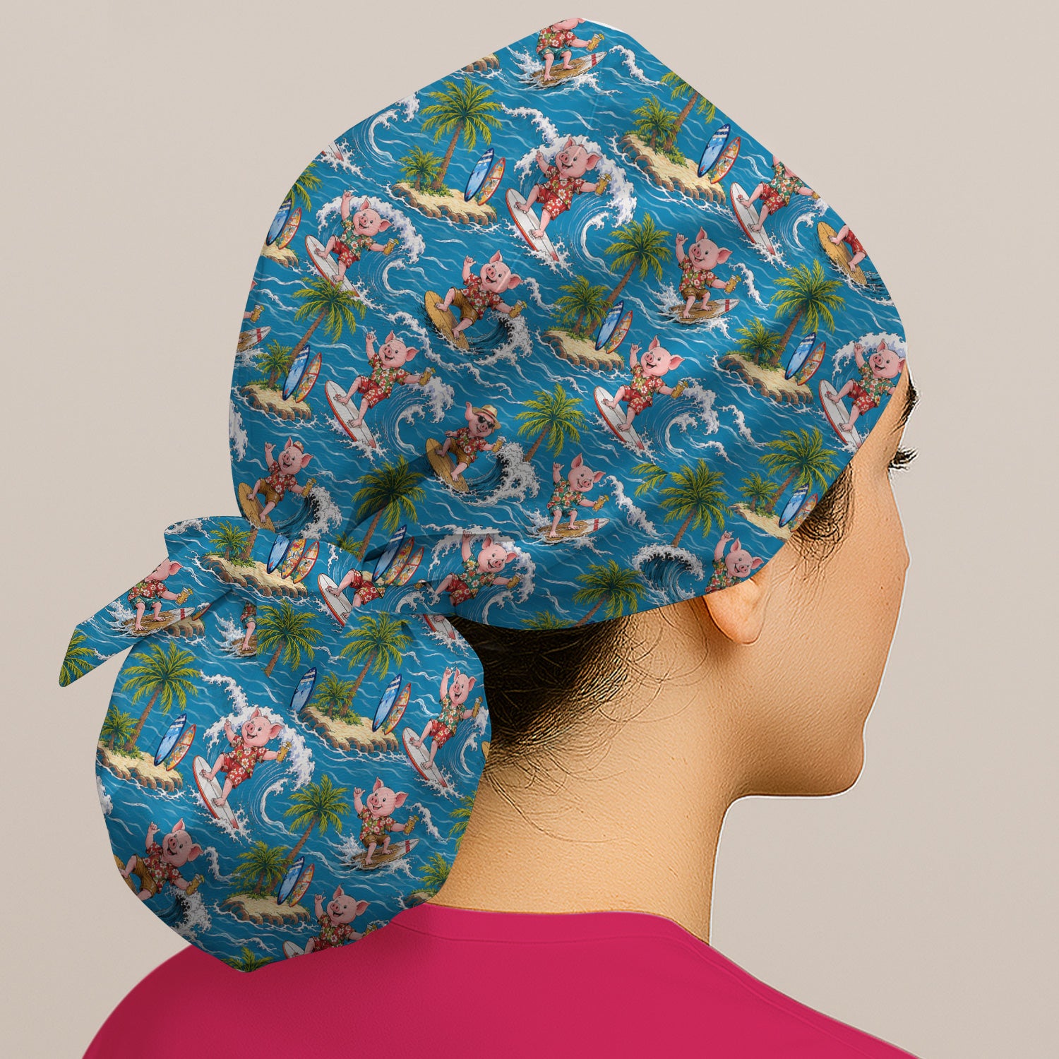 Tropical Surfing Pig Island Pattern Scrub Cap, Surgical Caps for Doctors