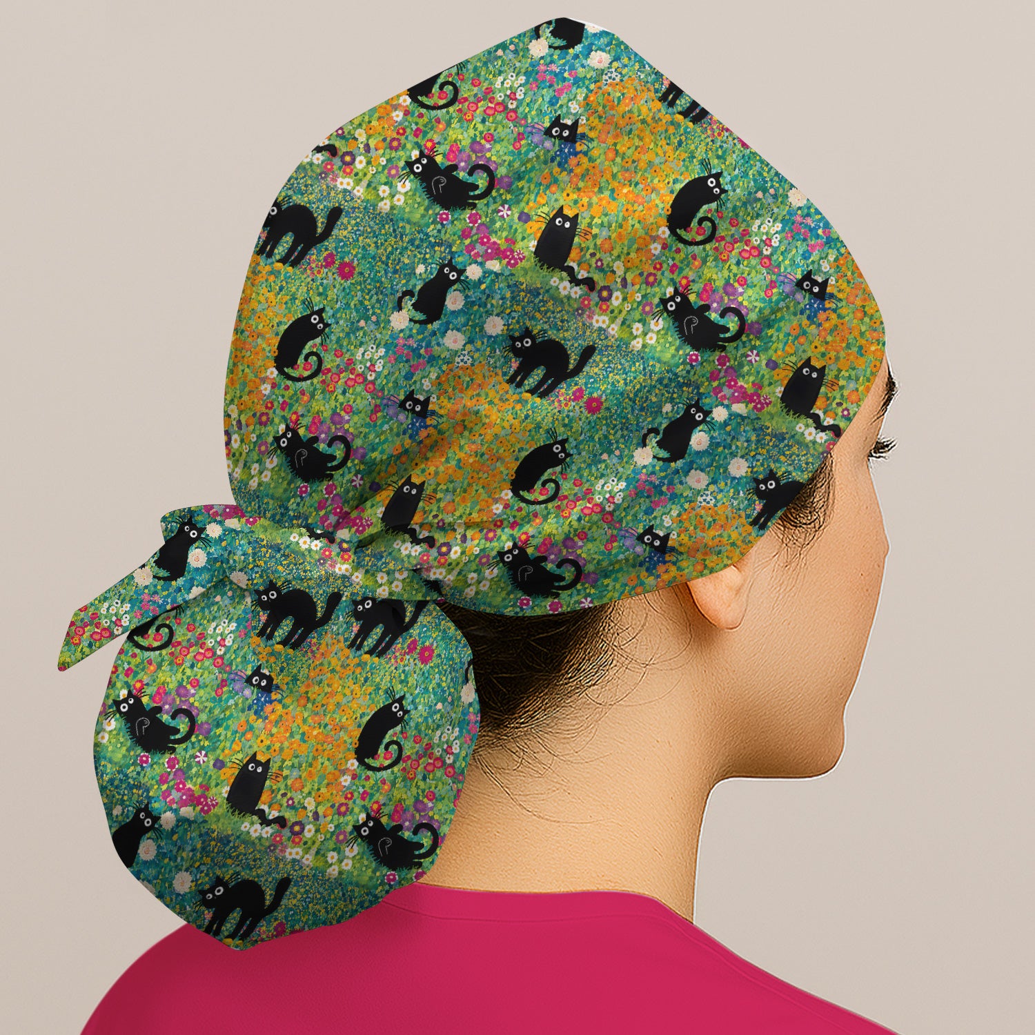 Black Cat Flower Garden Pattern Scrub Cap, Surgical Caps for Doctors