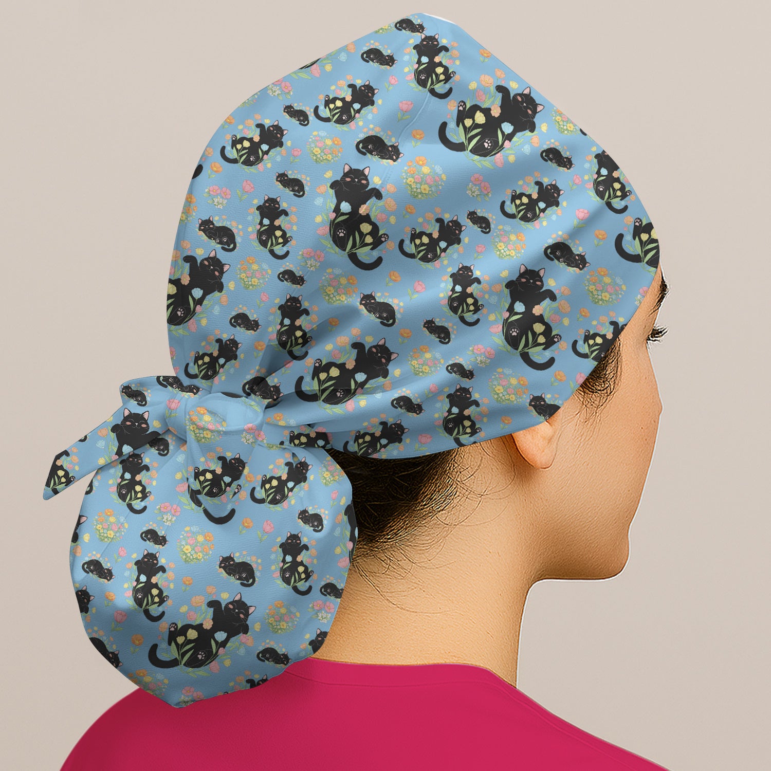 Cats With Cute Poses Floral Pattern Caps, Bouffant Scrub Caps for Women