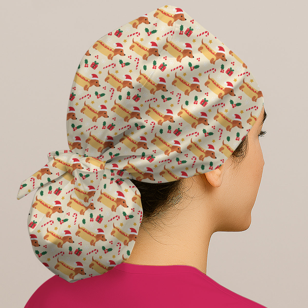 Funny Christmas Dachshund Hot Dog Scrub Cap, Surgical Caps for Doctors