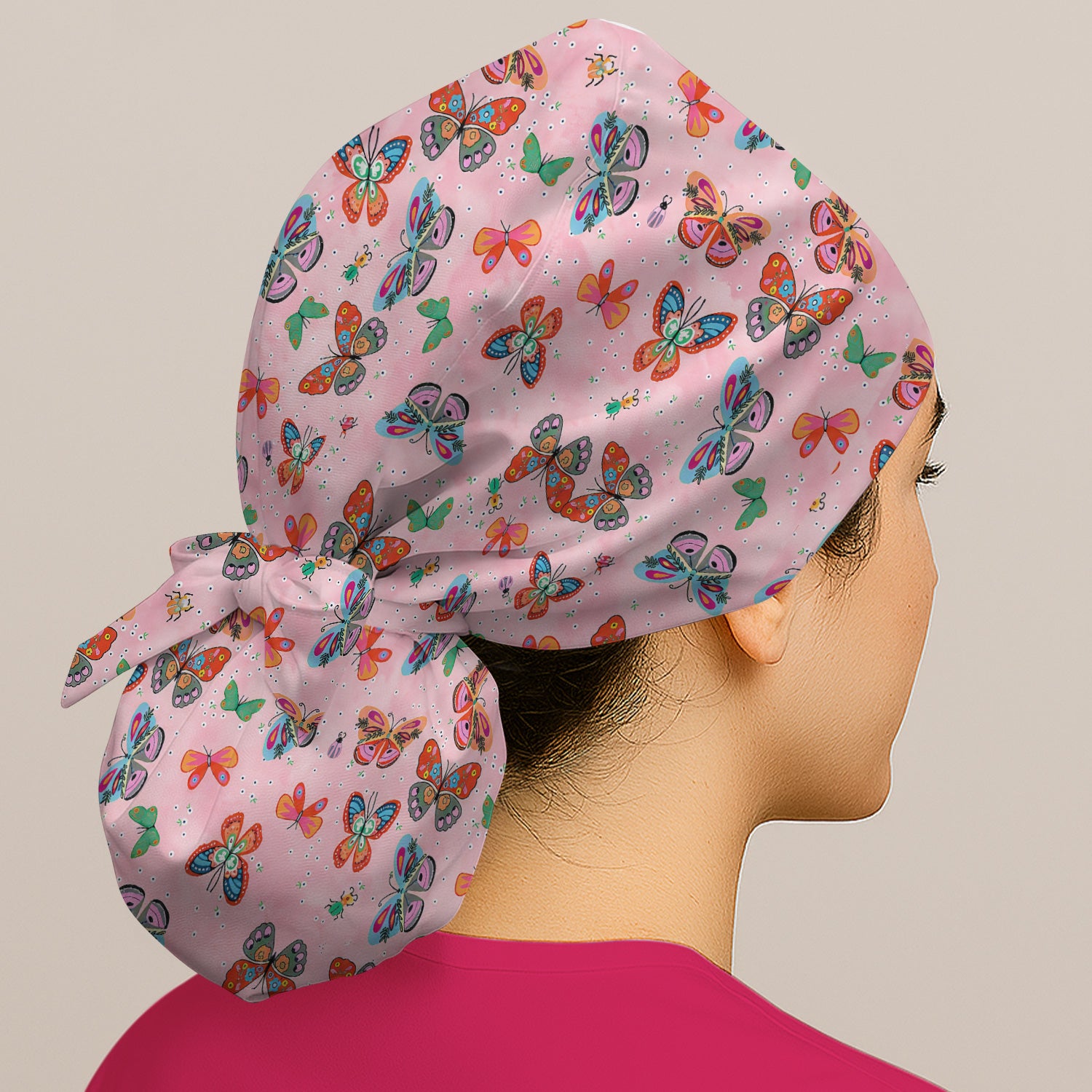 Colorful Butterfly Garden Pattern Cap, Bouffant Scrub Caps for Women