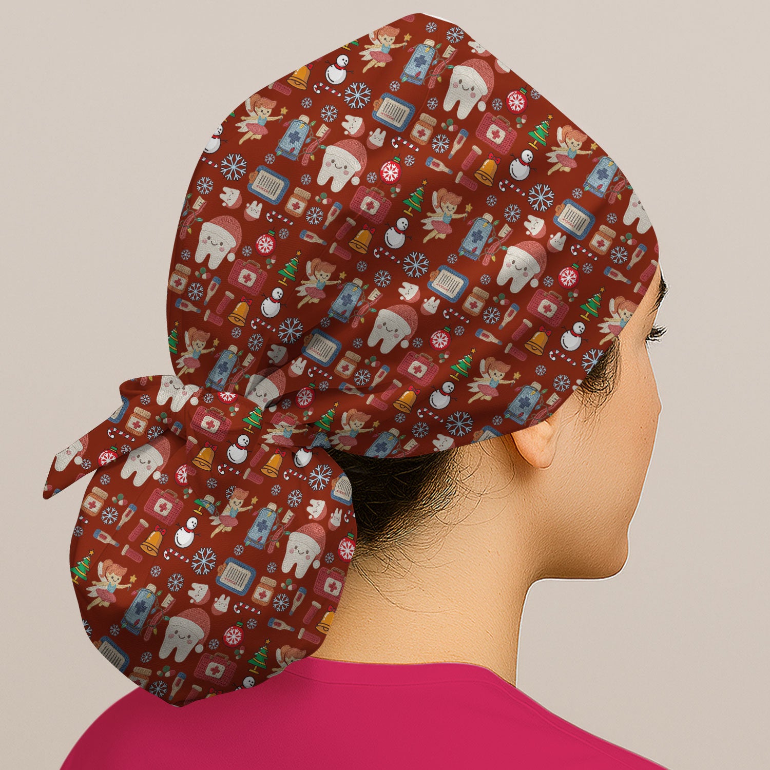 Christmas Dental Bouffant Scrub Caps for Women - Cute Santa Tooth & Snowman Holiday Nursing Gift - Breathable Caps
