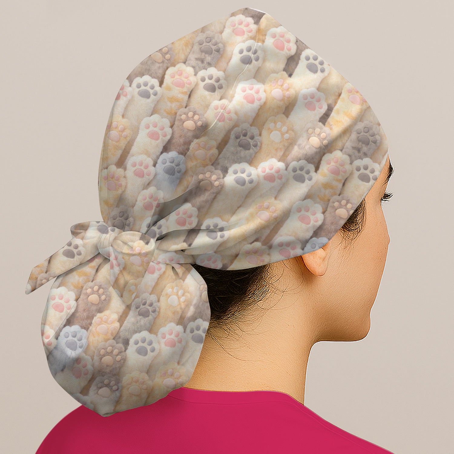 Cute Fluffy Cat Paw Pattern Print Cap, Bouffant Scrub Caps for Women