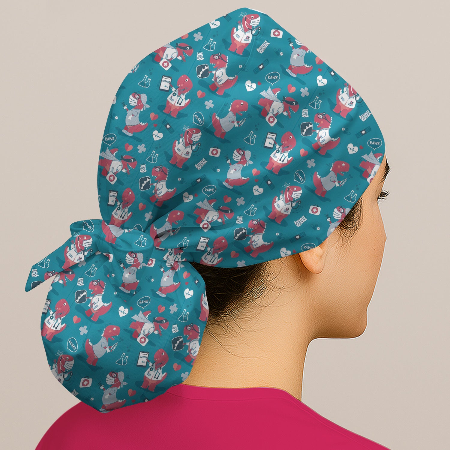 Cute Dinosaur Doctor Medical Pattern Cap, Bouffant Scrub Caps for Women