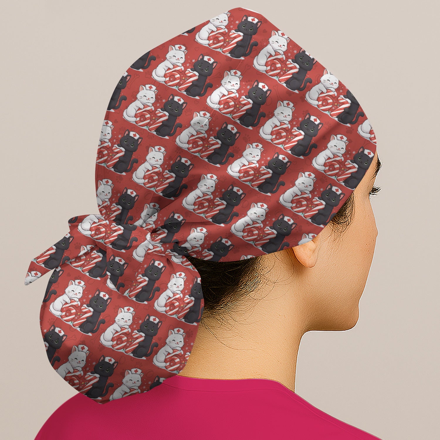 Xmas Cat Pattern Scrub Cap, Christmas Nurse Six Seven With Cat Scrub Hat, Breathable Fabrics Nursing Uniform