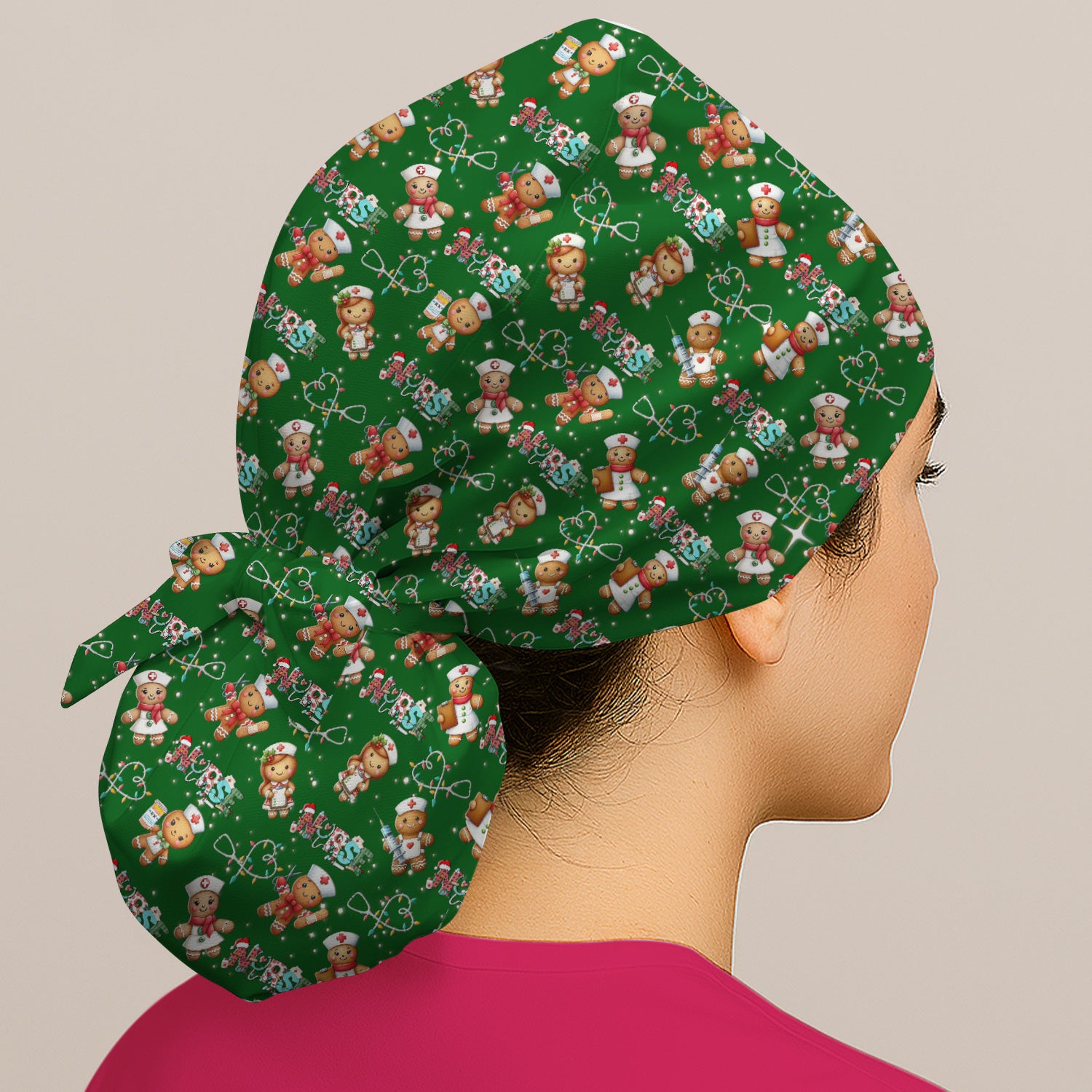 Nurse Scrub Cap with Buttons for Women - Christmas Surgical Hats Cute Gingerbread Design - Medical Bouffant Cap Long Hair