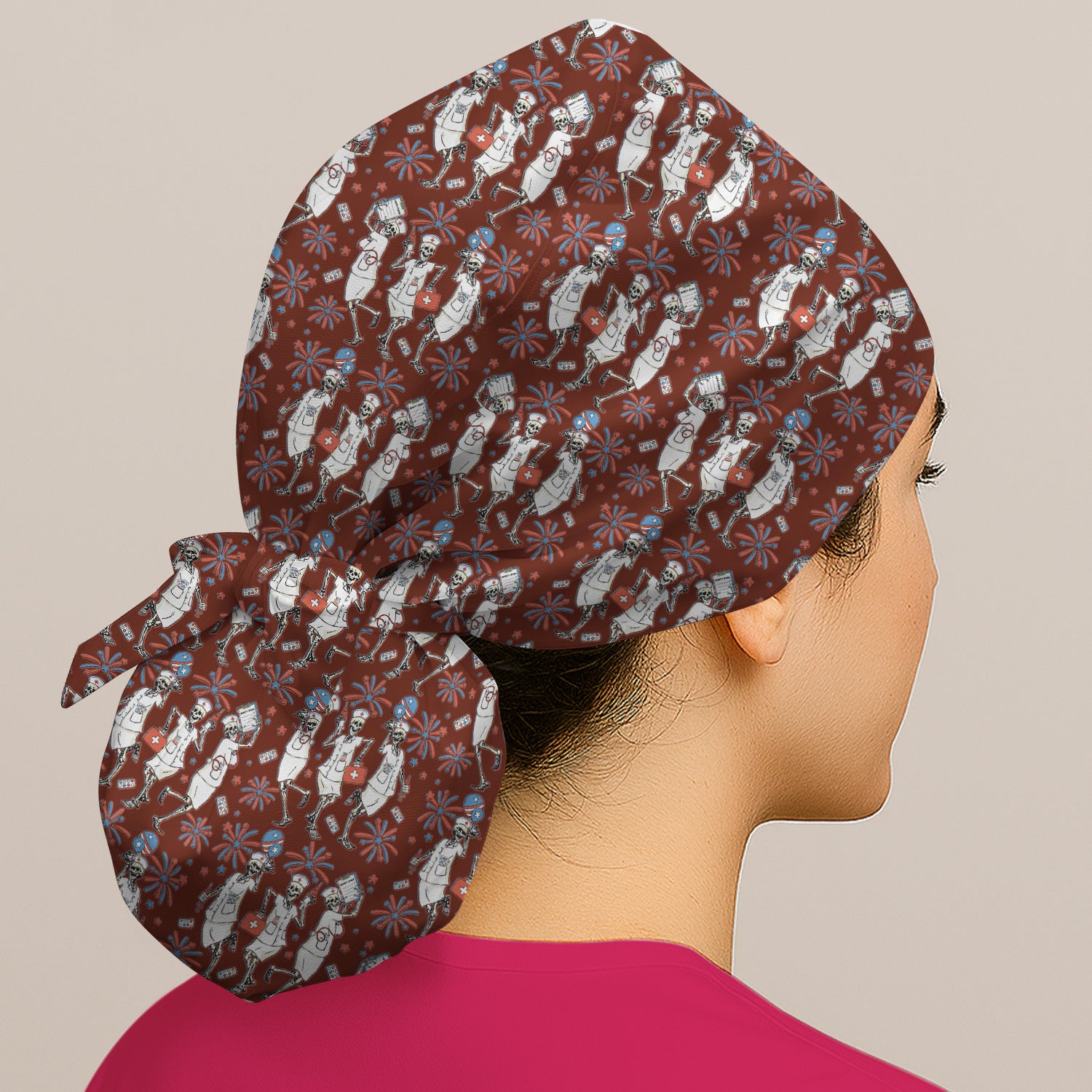 Funny Skeleton Nurse Patriotic Print Cap, Bouffant Scrub Caps for Women