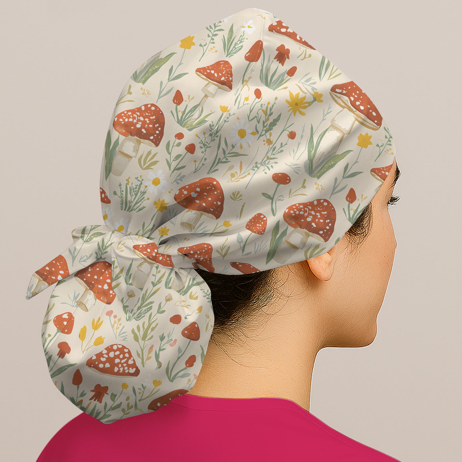 Cute Mushroom Wildflower Pattern Scrub Cap, Breathable Fabrics Caps Uniform