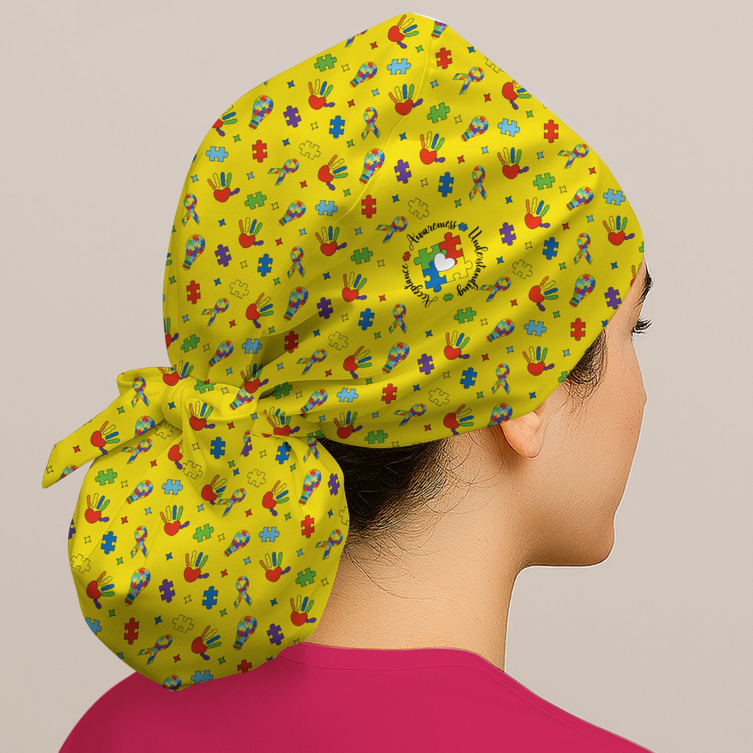 Autism Awareness Colorful Puzzle Pattern Print Cap, Bouffant Scrub Caps for Women