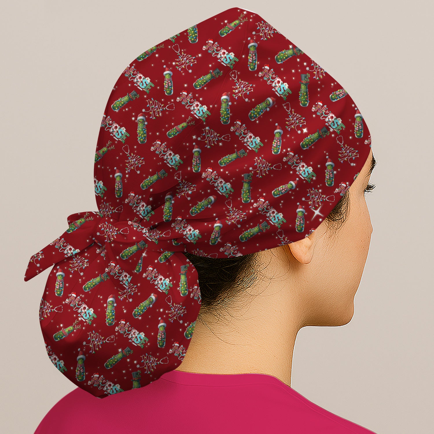 Christmas Nurse Scrub Cap with Buttons - Funny Pickle Holiday Surgical Hat for Women - Medical Bouffant Cap Long Hair