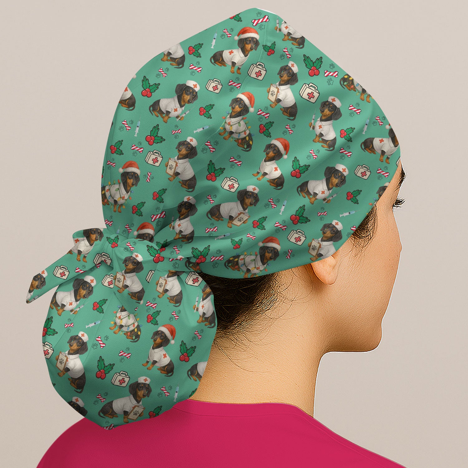 Custom Christmas Nurse Scrub Cap - Dachshund Dog Surgical Hat Multi Color - Funny Holiday Bouffant Cap for Women Nurses