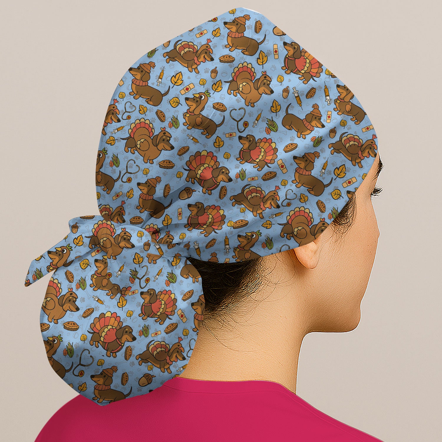 Thanksgiving Wiener Dog Bouffant Scrub Caps for Women - Funny Dachshund Turkey Holiday Nursing Gift - Breathable Fabrics Caps