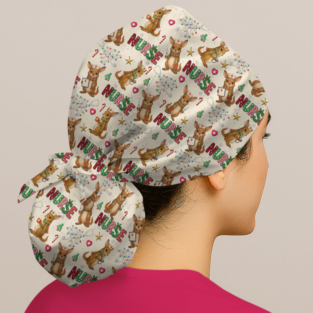 Aussie Kangaroo Christm Bouffant Scrub Caps for Women - Funny Holiday Nursing Gift - Breathable Fabrics Caps Uniform